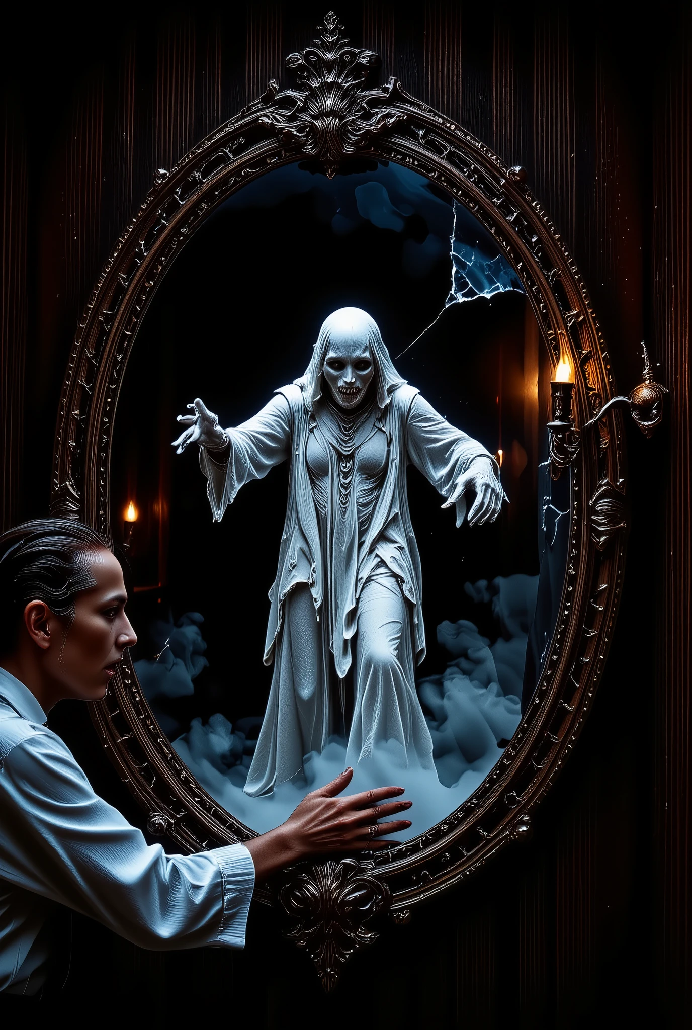 A ghost emerging from a mirror in a dark, eerie room. The ghost has a sinister grin, attempting to startle the resident who is standing nearby, frozen in fear. The atmosphere is filled with a cold mist, and the dim lighting casts unsettling shadows on the walls. The ghost appears translucent, with hollow, glowing eyes and tattered, flowing robes. The mirror's surface is cracked, distorting the ghostly figure as it steps out. The overall tone is horror, with a cinematic, spine-chilling feel.