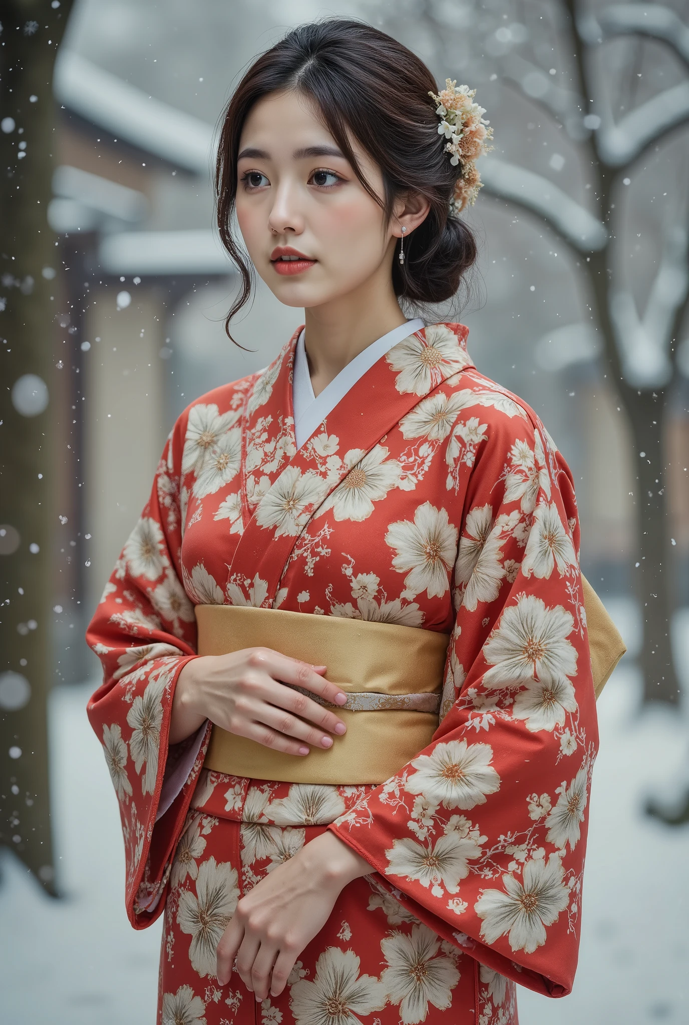  cinematic pictures creeping in between ,  1 girl, 20 years old,  Japanese kimono, smile, snow, 35mm Photography , membrane, Bokeh,  very detailed, ( by Nomi, photo by Nomi,  RAW photos :1.4), ( top quality,  Masterpiece, Representative works,  Official Art,   professional with Canon 5D MK4, 8k:1.3)