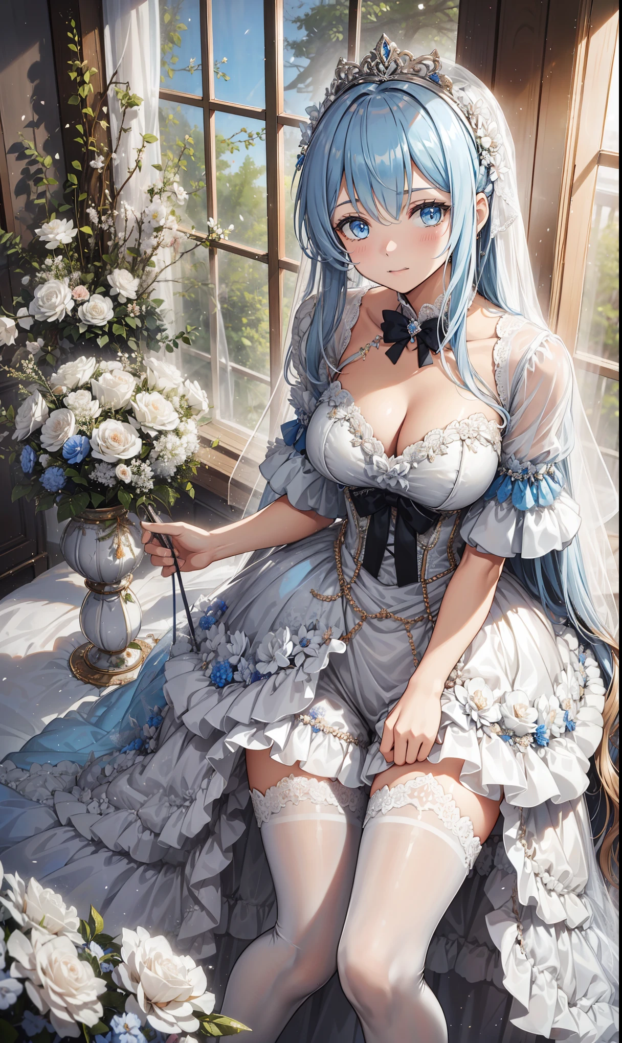 Saint ,Attractions, Have Fun , temptation,in love,( girl in white modern shirt 、Characteristics of a wedding dress、 dress and pantyhose :1.2),( white ruffle bow gloves ), Silver Hair , blue eyes ,Sacred headdress, transparent lace , Gorgeous Dress , alone,European bedroom,(night:1.1),Delicate and beautiful face ,ta,Flowers on clothes , colorful flowers,Flowers fall,Flower fly