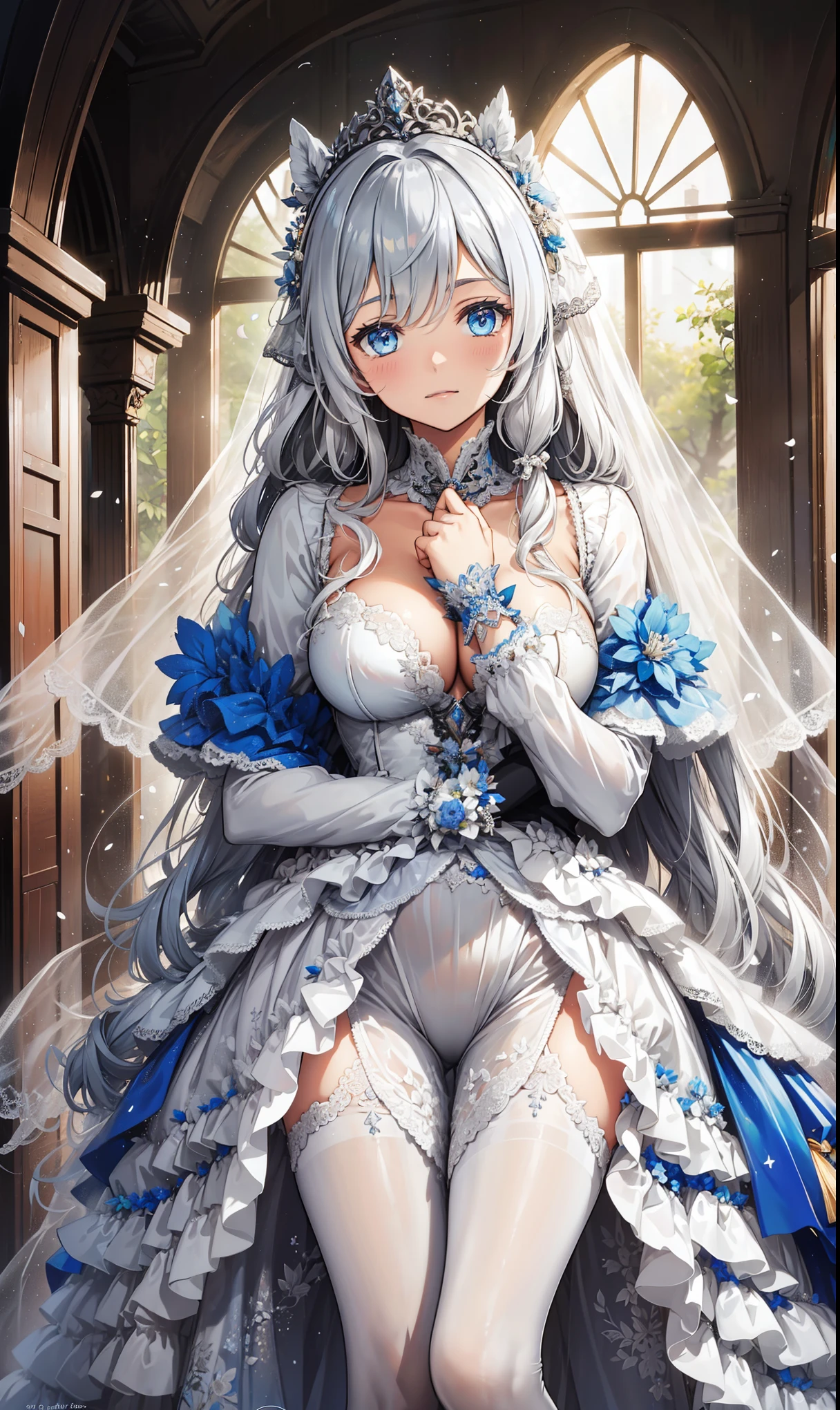 Saint ，Attractions，  Have Fun  ， temptation，in love，( girl in white modern shirt 、Characteristics of a wedding dress、 dress and pantyhose :1.2)，(   white ruffle bow gloves   )， Silver Hair ，  blue eyes ，Sacred headdress，  transparent lace  ， Gorgeous Dress  ，  alone，European bedroom，(night:1.1)，Delicate and beautiful face  ，Lolita，Flowers on clothes ， colorful flowers，Flowers fall，Flower fly