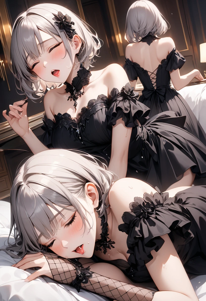 (masterpiece:1.2),(best quality:1.2),(masterpiece, best quality, ultra-high resolution), group of friends lying on a luxurious bed, surrounded by soft pillows and silk sheets. Hair elegantly combed and adorned with bright bows and tiaras, bright and expressive eyes reflecting complicity and restrained laughter, lingerie bra