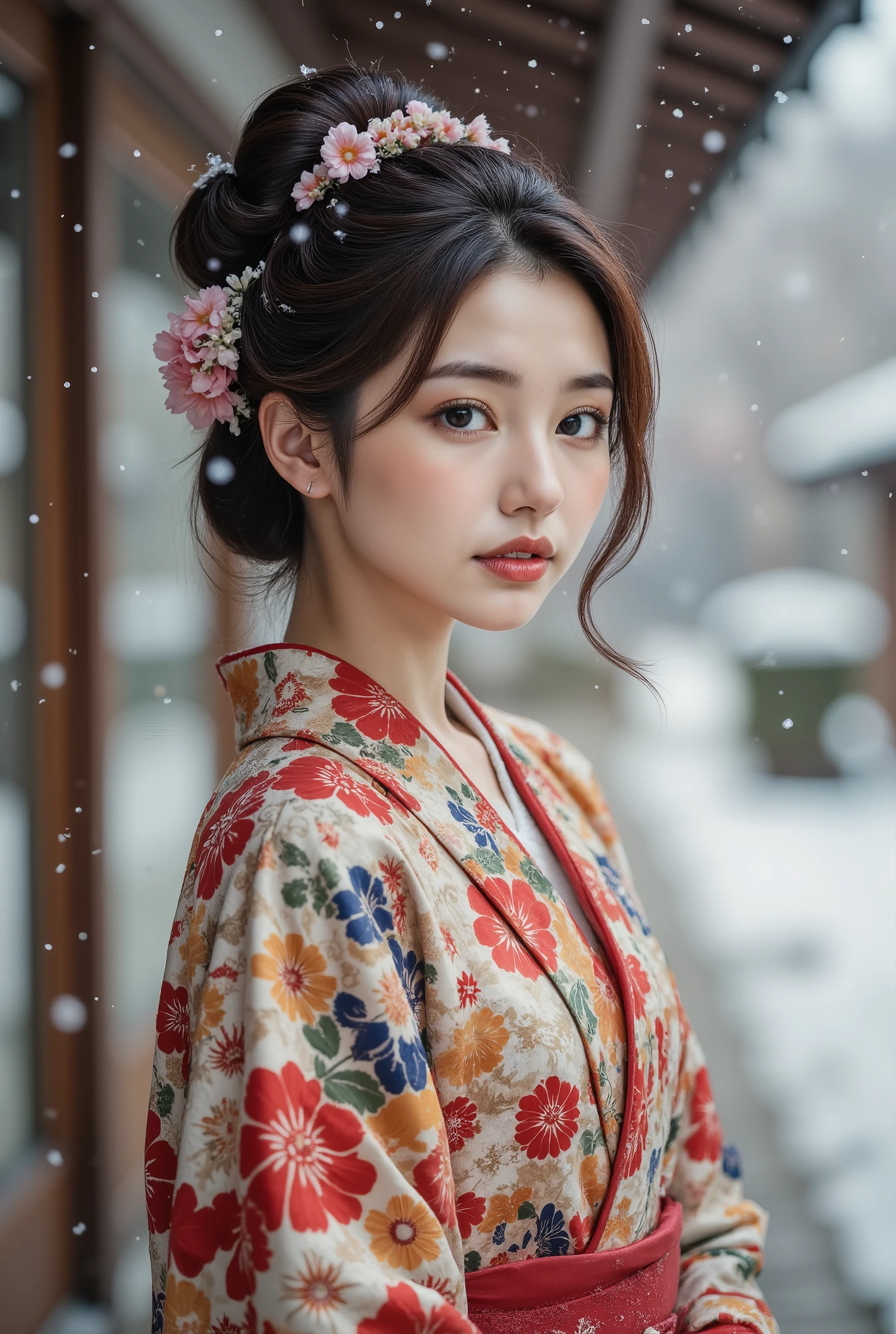 cinematic pictures creeping in between , 1 girl, 20 years old, Japanese kimono, smile, snow, 35mm Photography , membrane, Bokeh, very detailed, ( by Nomi, photo by Nomi, RAW photos :1.4), ( top quality, Masterpiece, Representative works, Official Art, professional with Canon 5D MK4, 8k:1.3)
