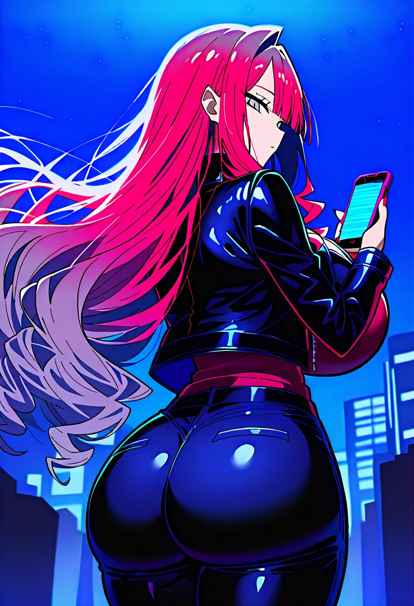 Masterpiece, top quality, best quality, official art, beautiful and aesthetic, anime,1braid, ringed eyes, simple background, black necktie, Makima, makima \(chainsaw man\)extremely detailed, colorful, more detailed ((ultra-detailed)), (highly detailed CG illustration),city,cyberpunk,night, skinny fit, small breasts,in middle,from behind