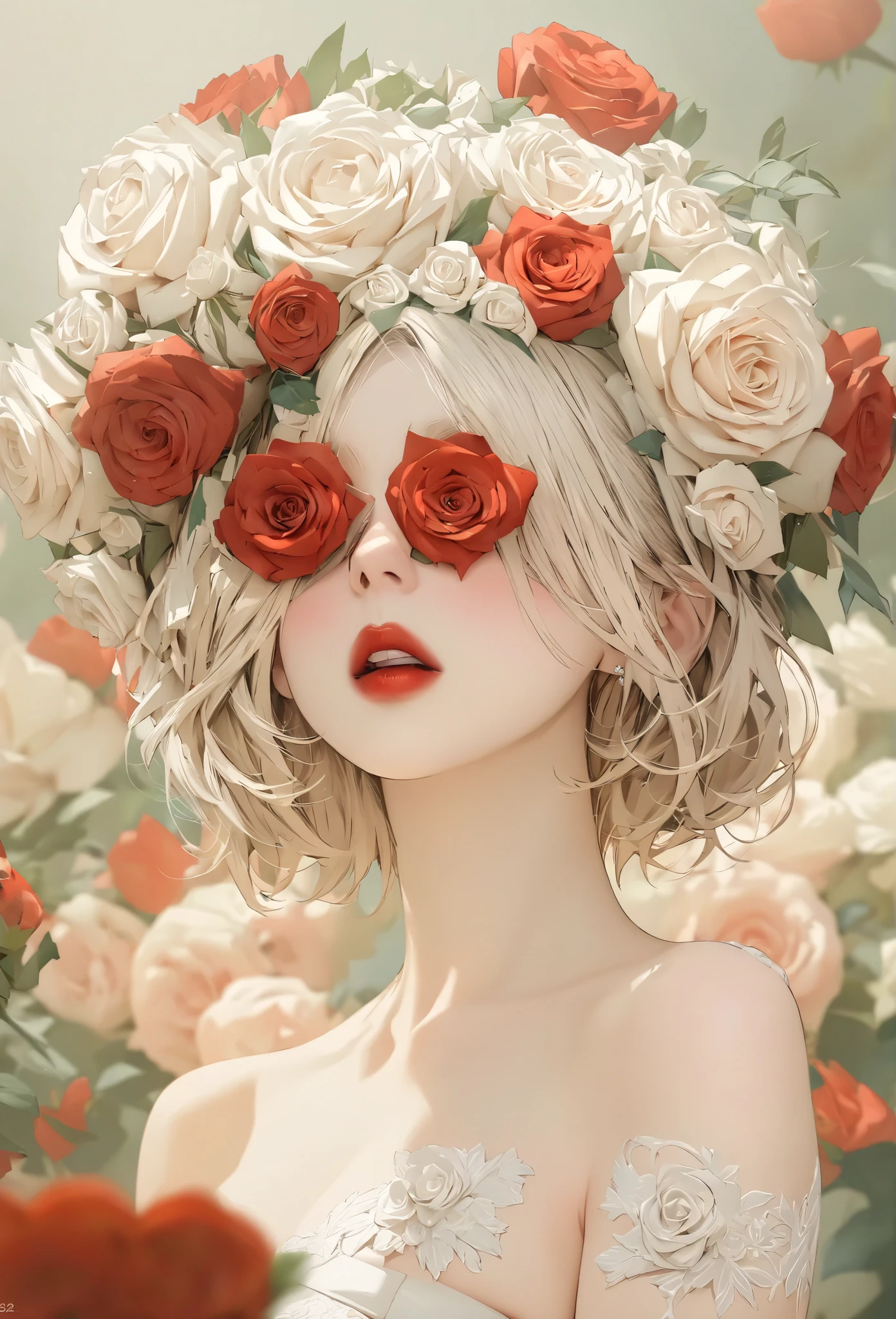 ( Masterpiece,  top quality:1.2),   S212  ，Cover your eyes with red flowers,  red lips，  Wedding Dress， thin waist,valentine