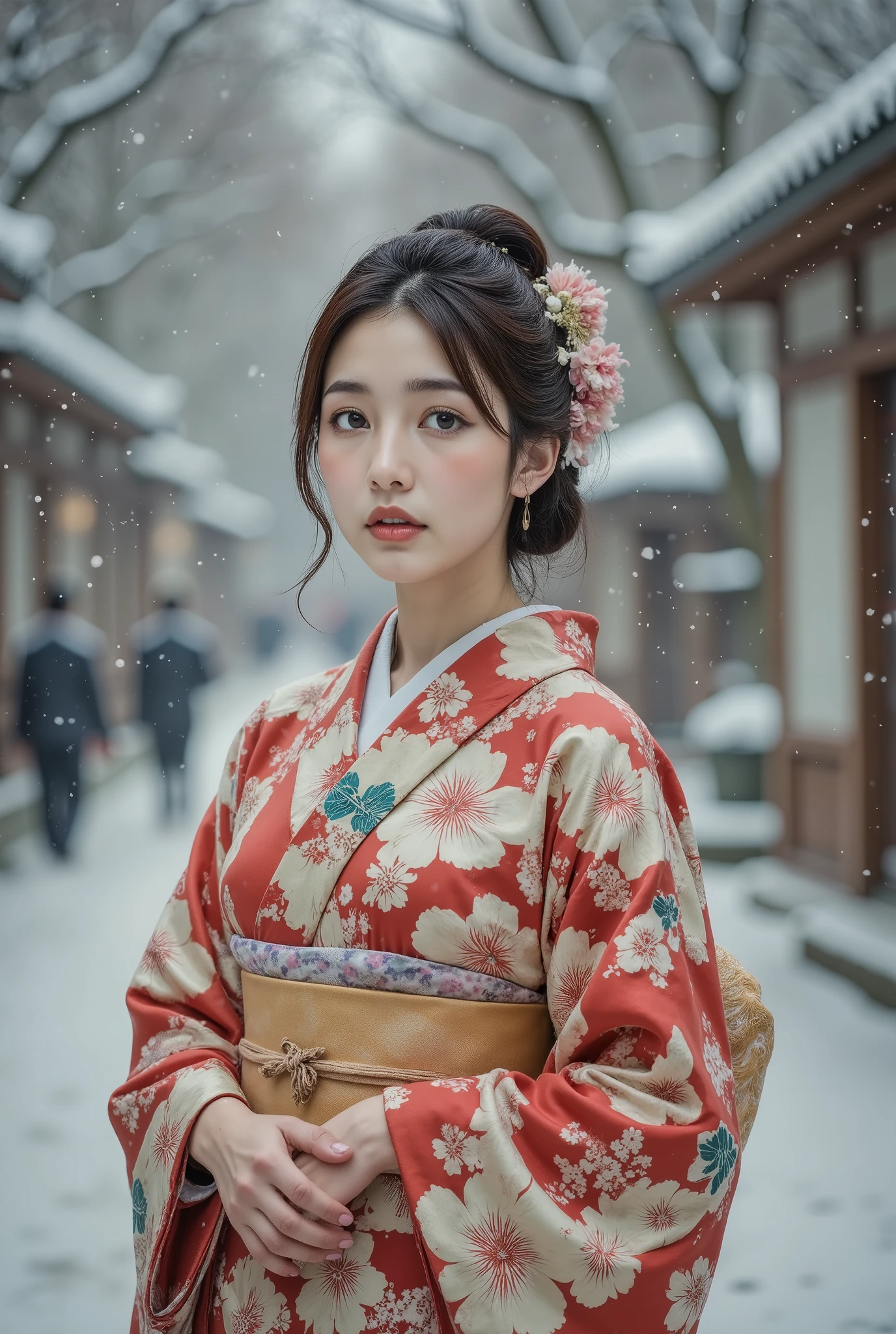 cinematic pictures creeping in between ,  1 girl, 20 years old,  Japanese kimono, smile, snow, 35mm Photography , membrane, Bokeh,  very detailed, ( by Nomi, photo by Nomi,  RAW photos :1.4), ( top quality,  Masterpiece, Representative works,  Official Art,   professional with Canon 5D MK4, 8k:1.3)