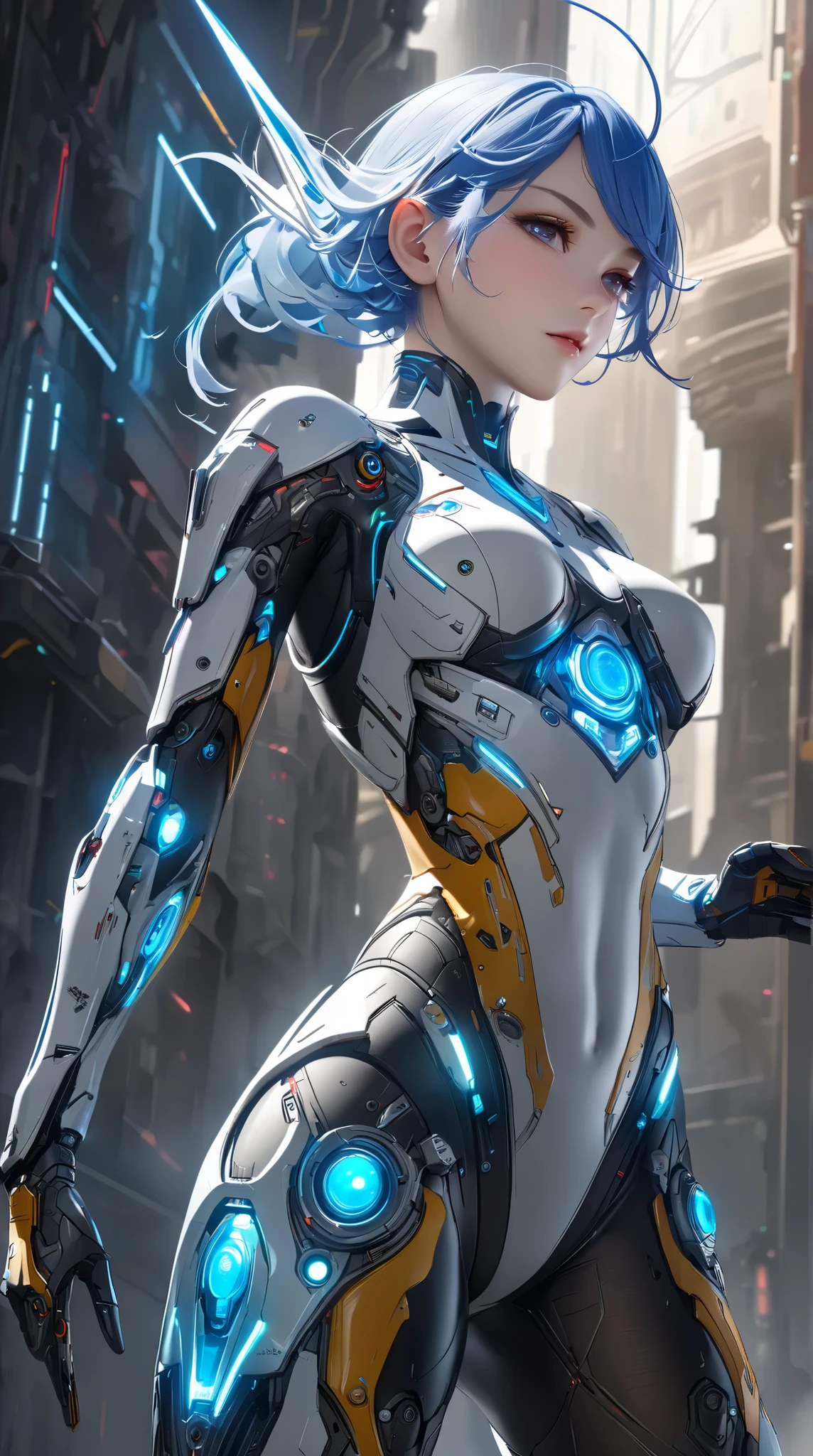 Translucent ethereal mechanical girl.，chica futurista，Junta mecanica，fondo de la ciudad futura, dynamic pose, ,(Fondo de ruinas de mazmorra en ruinas:1.4 ), (cyborg mecánica white plastic transparent :1.4), (Detalles de la cara: 1.5, ojos azules brillantes, hermoso rostro, ojos bonitos, Contorno del iris, labios delgados: 1.5, Thin, sharp pale eyebrows, Long, dark eyelashes, double tabs),