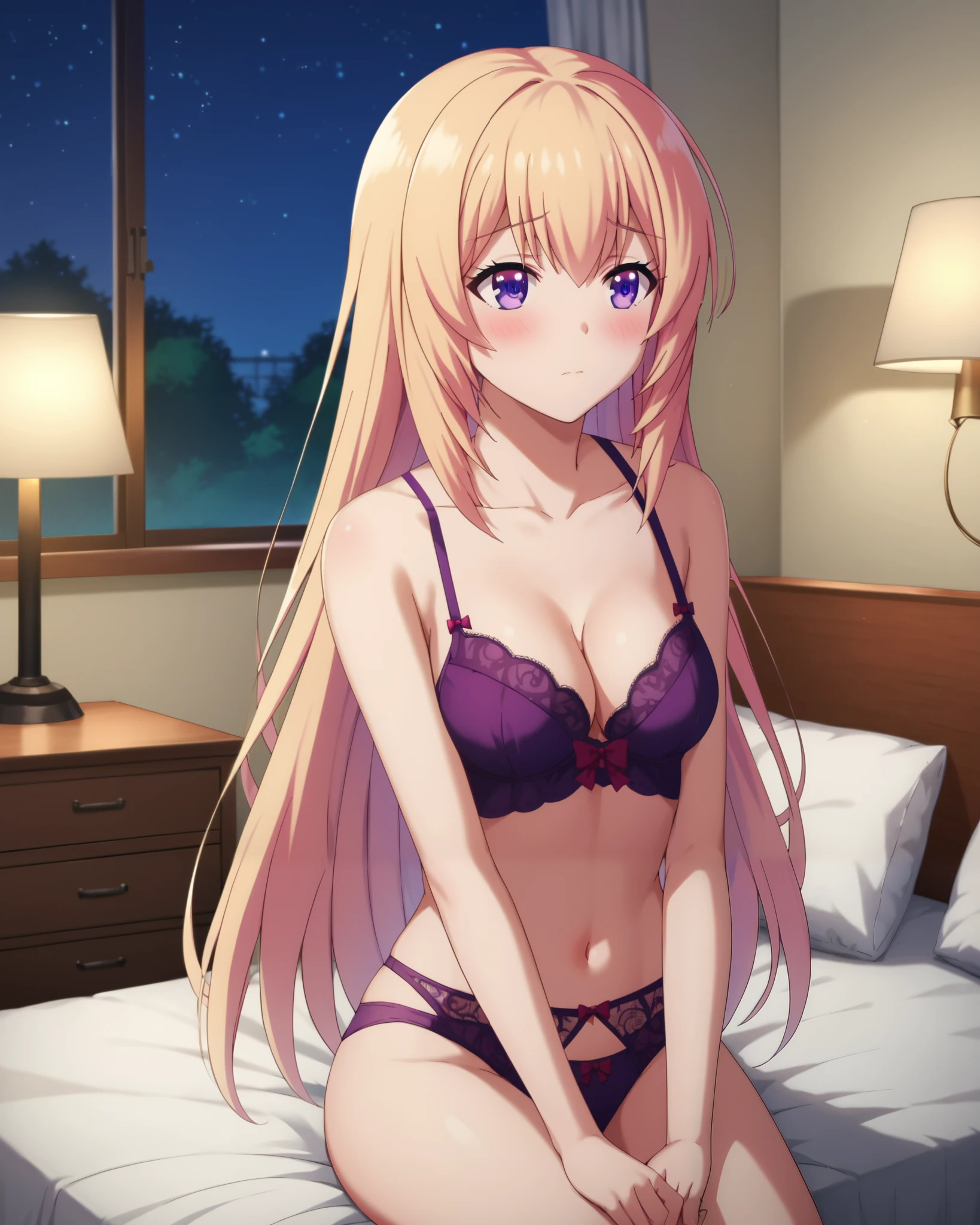 Night, in hotel, Lying in bed, all on fire, 1girl, blond hair, purple eyes, very_long_hair, masterpiece, high_res, high_definition, sexy pose, Flirtatious Pose, medium_breasts, blush, shy, embarassed, lingerie, seductive pose, ,Wearing edgTemptation, saliva, mature_female, Milf, mature woman, seductive smile,