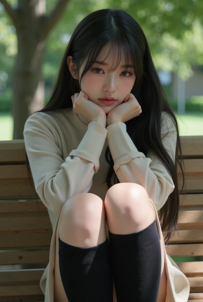 A beautiful Korean beauty, Delicate thighlack hair, Wear hot pants, Sit at the table