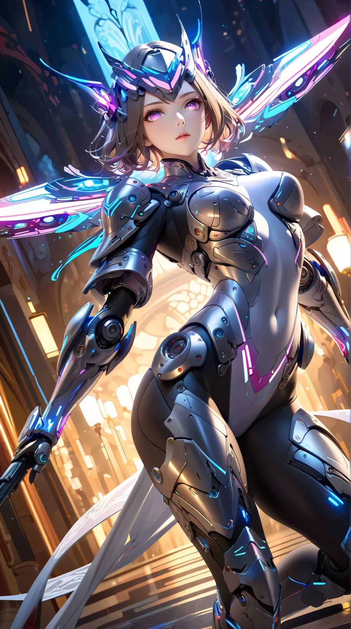 masterpiece, best quality, dramatic angle, ( Holographic, Rainbow, Opal, Vibrant Colors, Colorful), (Halo, Halos, Glowing Eyes, Gradient_Eyes, Glowing Aura, Glowing Energy, Glowing Digital Markings, Glowing Cyber Markings), (professional award-winning cinematic masterpiece), best quality, Symmetrical, Futuristic, sci-fi, aerodynamic,
Armored Core, Ammo Belt, Laser, Laser weapon, sleek and slender,
floating parts, city_lights, galaxy, giant, glowing, night, night_sky, planet, sky, snow, snowing, space, star_\(sky\), starry_sky, wings, fire, darkness, ((non-humanoid robot)), weapon, gun, cannon, military, mechanical parts, (Cyberpunk:1.3), (Luminescent particle:1.5), ,high saturation,low brightness,
Crystal Metal, neon panels,
black metal, red metal, with blue metal metallic accents