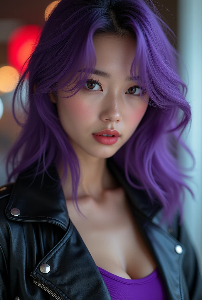 1 woman, white background, (Highly detailed body, very detailed face, top quality:1.3,24 years old Malaysian girl, dark brown eyes:1.4, thin nose:1.4, thin lips:1.3, slanted eyes:1.6, double eyelids:1.2, hair over one eye: 1.4, dark purple hair:1.5, fundamental breast, rectangle body:1.4, surprise face,, looking at viewer, She has dimples on her face, Her thighs are very beautiful, 8k, (black leather jacket:1.45), (skin glow:1.3), (huge breasts:1.3), The Most Beautiful Women in Malaysia,
