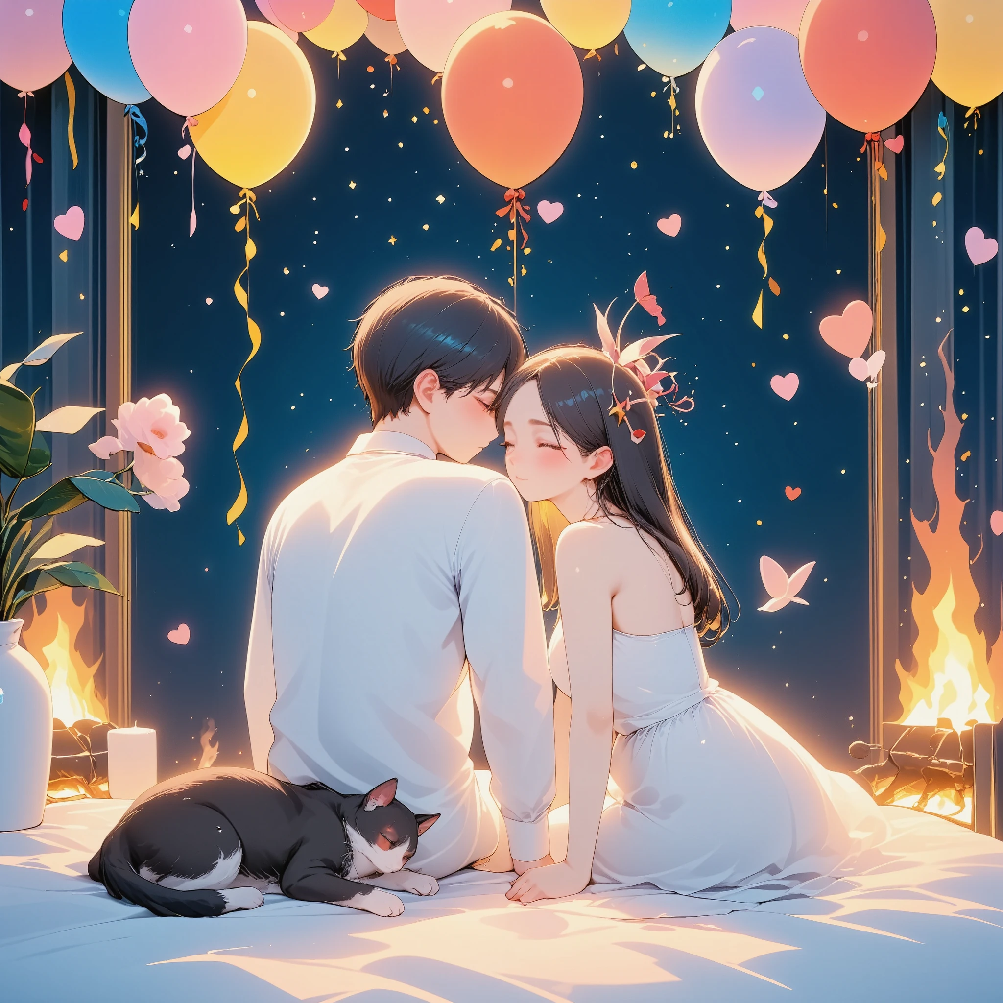 ultra detailed, absolutely resolution, masterpiece.
couples sitting shoulder to shoulder in front of a fireplace (the man's face is not visible, the woman turns around and winks with a cute smile), balloons with "Happy Valentine's Day" written on them, a sleeping cat, a fireplace, the soft light of the fireplace, a happy space.
various colorful iridescent foggy glitter effects.
extremely delicate depiction, extremely clear image, bold and dynamic, contrasts of light and shadow, 2.5D, artistic photography, hyper realistic, fusion of watercolor, acrylic and collage, conceptual installation art