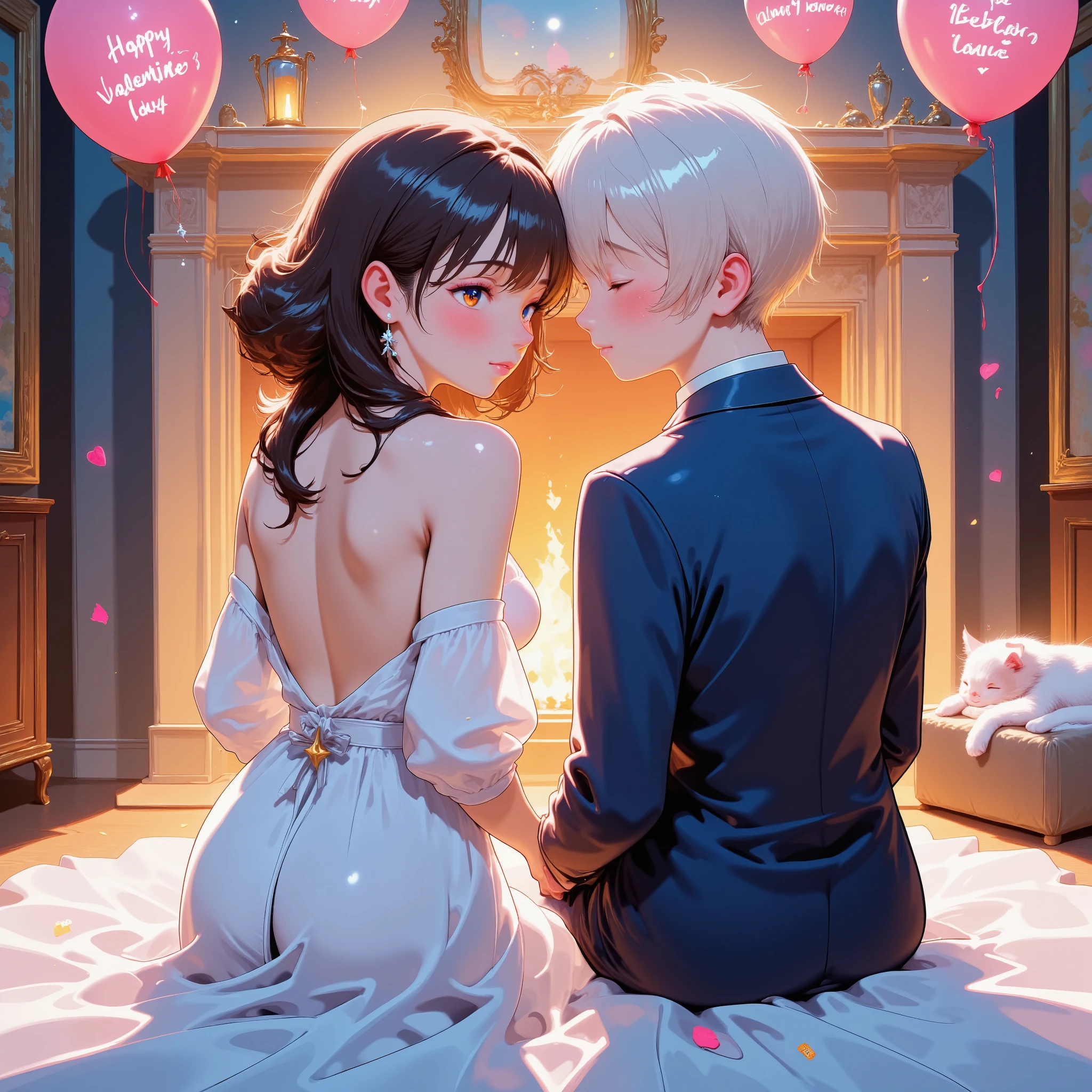 ultra detailed, absolutely resolution, masterpiece.
couples sitting shoulder to shoulder in front of a fireplace (the man's face is not visible, the woman turns around and winks with a cute smile), balloons with "Happy Valentine's Day" written on them, a sleeping cat, a fireplace, the soft light of the fireplace, a happy space.
various colorful iridescent foggy glitter effects.
extremely delicate depiction, extremely clear image, bold and dynamic, contrasts of light and shadow, 2.5D, artistic photography, hyper realistic, fusion of watercolor, acrylic and collage, conceptual installation art