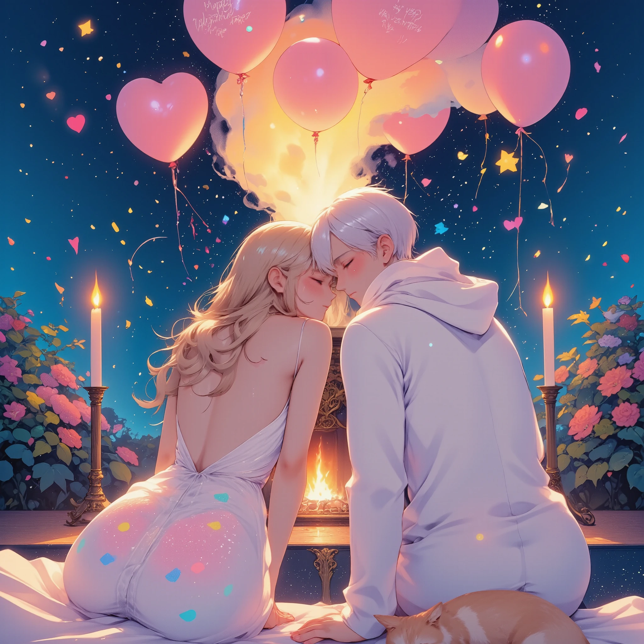 ultra detailed, absolutely resolution, masterpiece.
couples sitting shoulder to shoulder in front of a fireplace (the man's face is not visible, the woman turns around and winks with a cute smile), balloons with "Happy Valentine's Day" written on them, a sleeping cat, a fireplace, the soft light of the fireplace, a happy space.
various colorful iridescent foggy glitter effects.
extremely delicate depiction, extremely clear image, bold and dynamic, contrasts of light and shadow, 2.5D, artistic photography, hyper realistic, fusion of watercolor, acrylic and collage, conceptual installation art