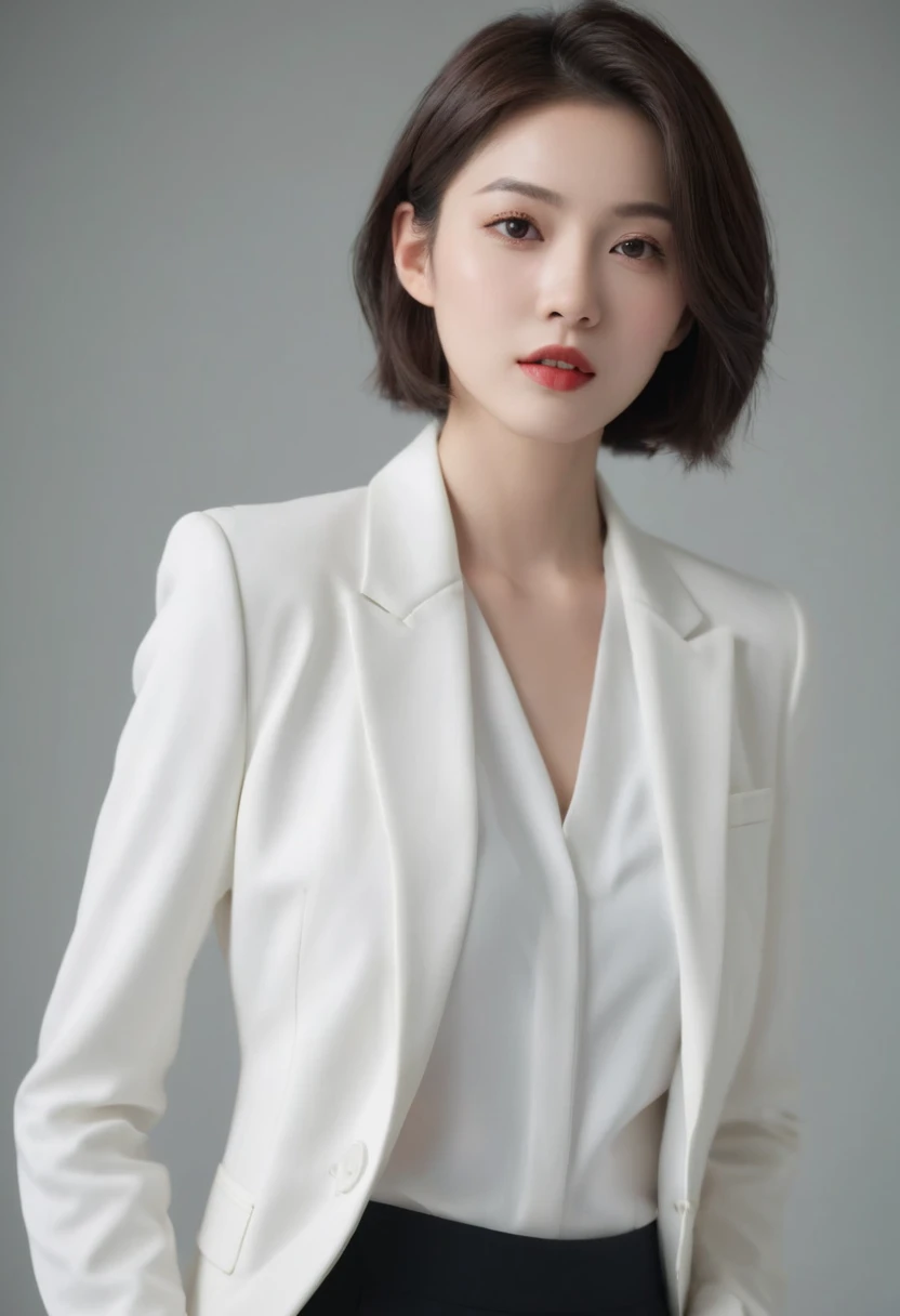 A close up of a woman in a white jacket and black pants - SeaArt AI
