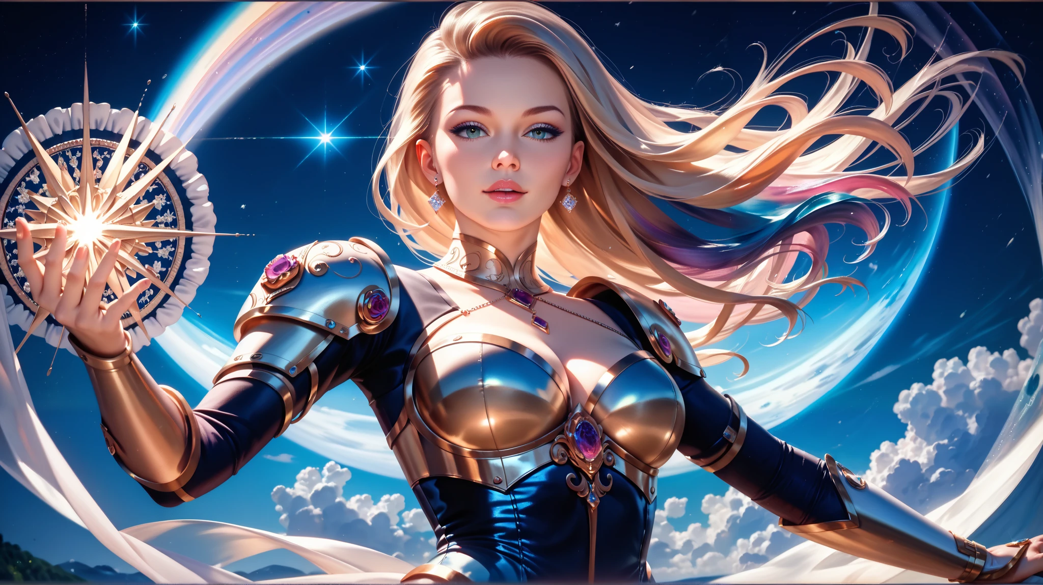 (((beautiful girl)| (beautiful blonde)| (wonder woman)), ((cybernetic:0.9)|( futuristic:1.2)), ((8k wallpaper:1.2)|( high resolution)), ((lighting unit:1.3)|( perfect light and shadow)), ((gold:1.2)|( silver:1.2)), ((8k wallpaper:1.2)|( high definition)), ((floating)|( levitating)), ((blue eyes)|( green eyes)), ((blonde hair:1.1)|( silver hair:1.2)), beautiful and delicate, metallic dress, holographic computer, futuristic environment, dynamic angle.