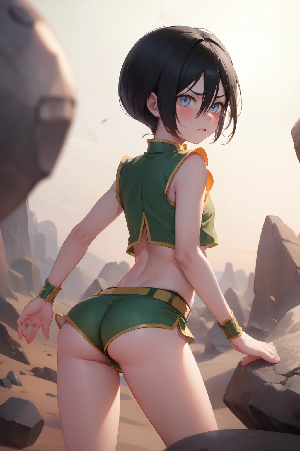 Anime style, 1 girl ,small height ,toph beifong, young girl , shi body ,solo , black hair , flat chest , disappointed face ,angry , blush, sexy micro shorts , Back , small ass , micro-shorts shorts , rocks Background , desert , night