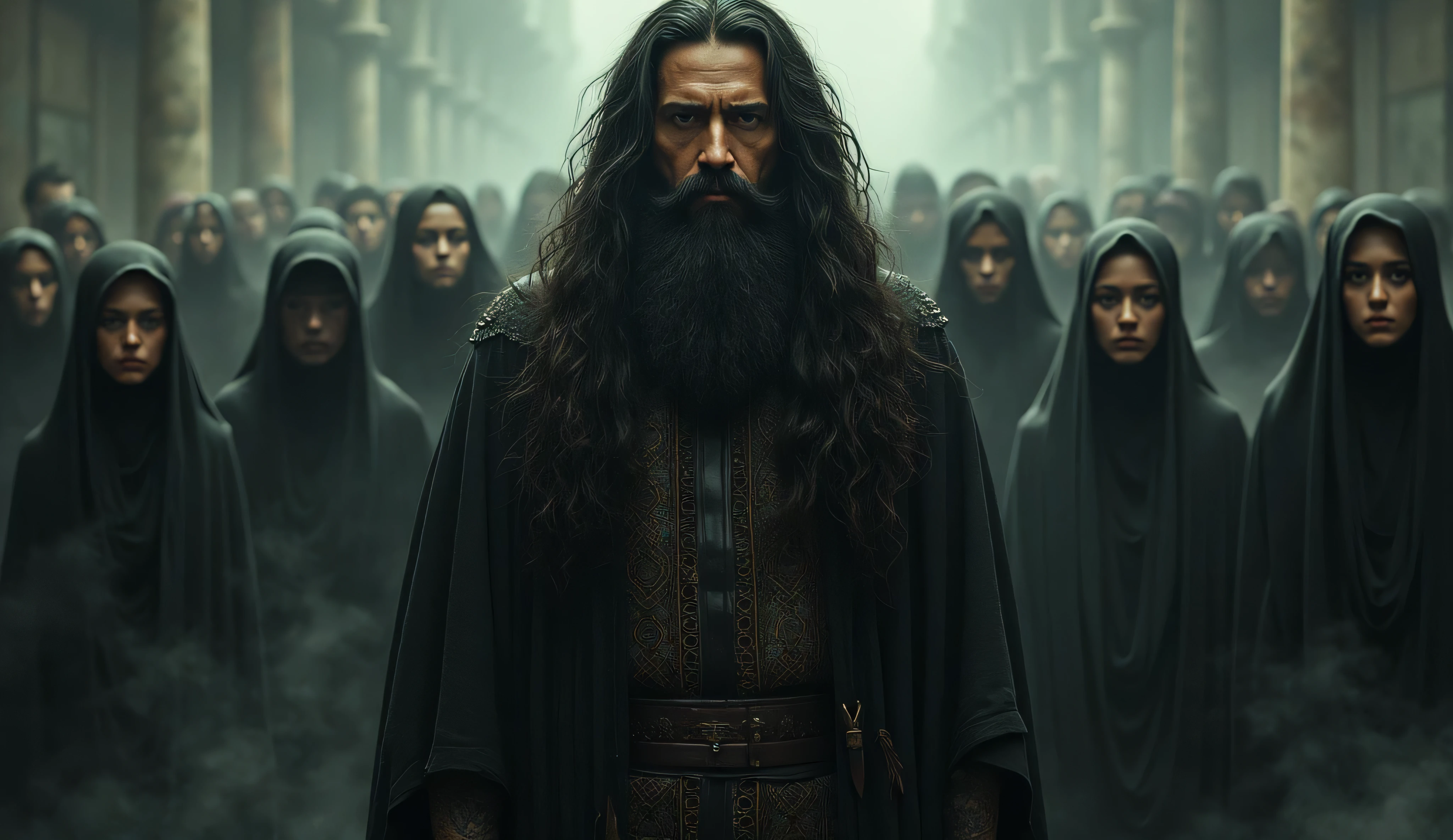 Pictures of a false messiah with long, messy hair and a messy beard, and behind him veiled and unveiled women.