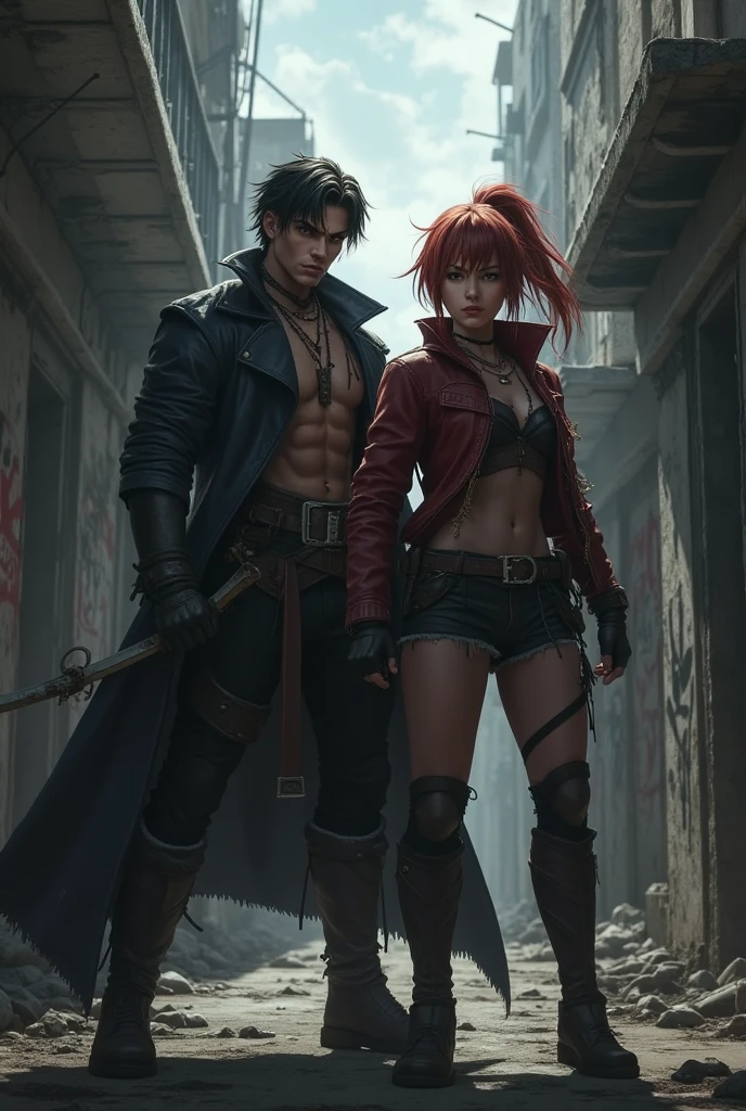 Dorohedoro Style, sexy young girl with short red hair, a heavy leather jacket with spikes, jeans, a girl holding a sword