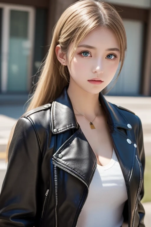 (8k, RAW photo, best quality, masterpiece:1.2), (realistic, photo-realistic:1.37),1 girl, cute, adorable, (blue eyes), light smile, (solo),detailed face, round face, ponytail, slender, petite breast, leather jacket, white tshirt, dramatic angle, head tilt, ((head resting on hand)), night lights, neon lights, inside pub, sitting by the window, small head, (facing away),