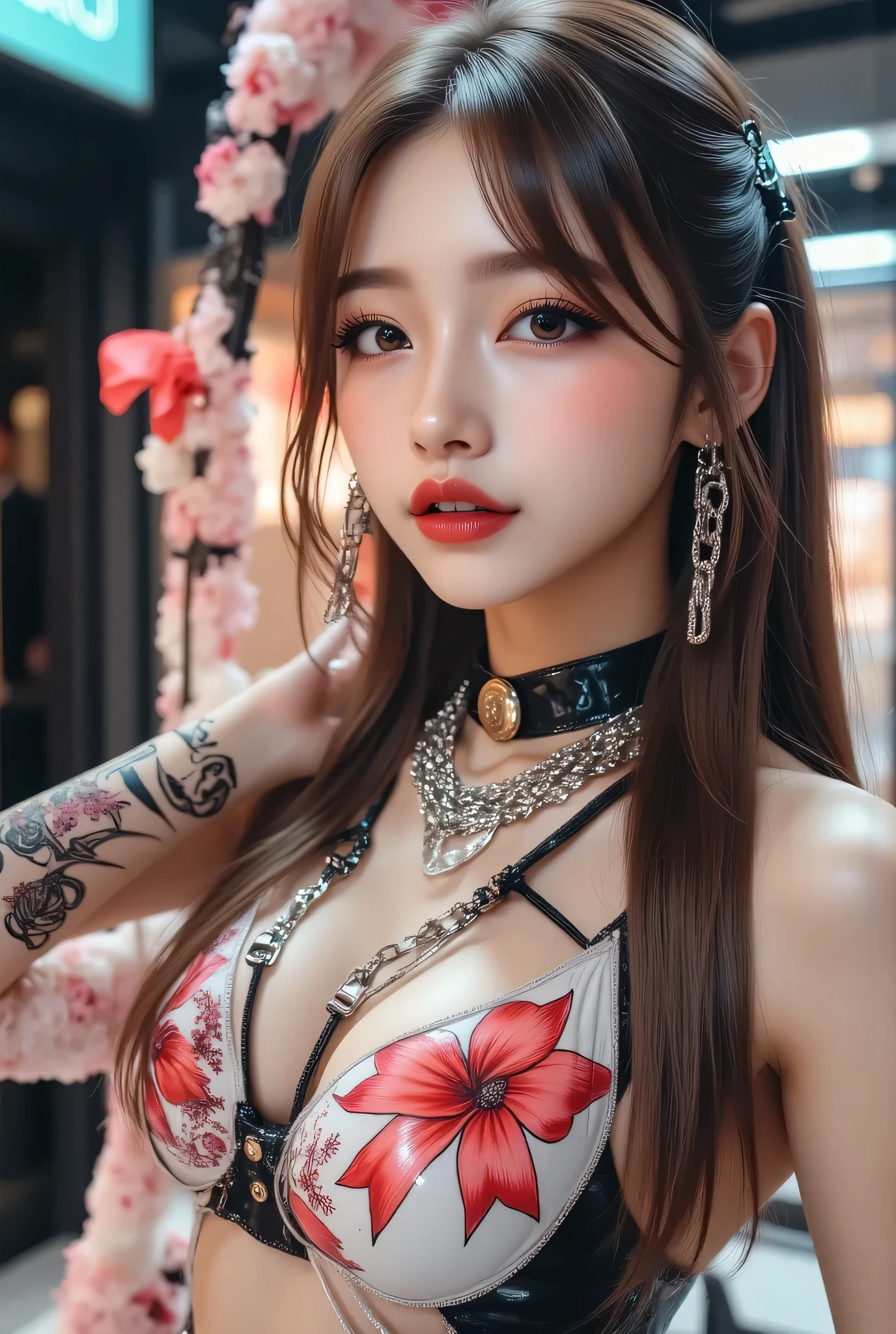 Realistic ((Photorealistic realism)),((high resolution)),((ultra insanel quality, professional extremely detailed digital art)), ((focus on extremely Realistic Proportion Body:1.3)), ((portrait)),((a cute and very beautiful, 1 Japanese, 30yo, famous Kpop idol:1.35)), (ultra realistic texture details: velvety skin, hair),(extremely beautiful face), (intricate detail face), ((Hyper details realistic green_eyes:1.35)), ((finely details pupils:1.3)), ((detailed symmetrical lips:1.3)), (red_lipstick:1.3), ((long eyelashes:1.4)), (perfect dark_eyeshadows:1.4), (Detailed nose), (perfect composition),((focus on the face, open mouth, joyful expression)),perfect female body,(((Beautiful long legs in good style:1.3))),((no bra, no panties:1.3)), (medium butt),((perfect female thick hips)),(perfect hot model body:1.4),((slim belly: 1.2)),(muscular body),((red and blue stylish hair:1.35), extremely detailed:1.33), dressed in a slave outfit (made of latex:1.3), (dressed in tank top (latex with chains:1.3)),long pants (tight black lace-up latex:1.4)., Depth of field, cinematic light, Lens flare, dslr, best high quality soft lighting, sharp focus captured by Fujifilm XT3, f 5.6,(((full body shot:1.5)))