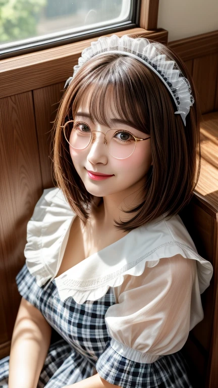 The woman, (European Citizenship: 1.2) In a black and white outfit posing for a photo, maiden! Dress, Anime Girl Cosplay, anime girl in a maid costume, The Magnificent Maiden, maid outfit, cosplay photo, cosplay, anime cosplay, A Few Cute Poses, (Face of the Goddess), (Elegant posture: 1.4), Elegant atmosphere, Noble atmosphere, (Milf: 1.6) (brown hair: 1.5), (glasses), (maidservant: 1.4), (Black and White Maid Outfit: 1.1), (Incredible beauty, High facial detail: 1.3),