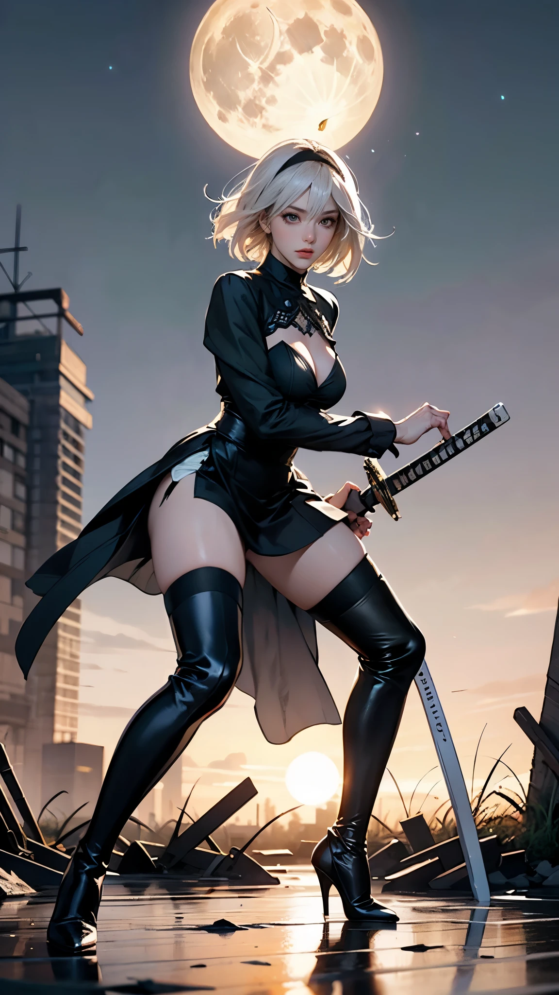 Solo, A seductive woman, Nierautomata, ((squat down, open stance), ((perfect anatomy, physically correct rendering)),), serious battle scene , battoujutsu, perfect description of sword, beautiful detailed white short hair, detailed description, perfect beauty face, makeup, athlete, {muscular}, detailed description of outfit, black skirt, black thighhighs, boots, cleavage cutout, clothing cutout, hairband, high heels, long sleeves, robot, side slit, skirt, thigh boots, thighhighs, perfect rendering, perfect cinematic lighting, perfect lighting positions for best shadows, depth of field, dark color , optimized , best quality, perfect anatomy, incredibly absurdres, realistic, extremely detailed, intricate accurate artwork, 4k, 8k, dark colors distribution, delicate painting, (ruins of the city, midnight, night sky, A beautiful full moon , extremely detailed descriptions, battle scene, in background),