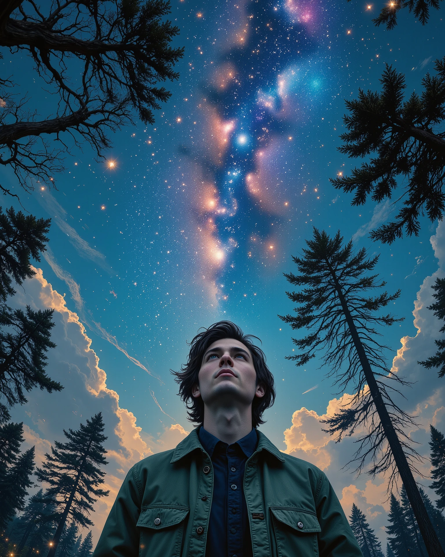 A serene nighttime scene in a dense forest, illuminated by a breathtaking starry sky filled with countless sparkling stars, vibrant nebula clouds, and shooting meteors. In the foreground, a young man with slightly messy dark brown hair and a defined jawline, wearing a rugged green jacket over a dark blue shirt, gazes upward in awe. The subtle glow of the starlight highlights the contours of his face and casts a faint golden hue on his jacket. Towering silhouettes of trees frame the scene, their dark branches reaching toward the expansive galaxy above. The atmosphere captures a sense of wonder, tranquility, and deep connection to the universe. Hyper-detailed textures, vivid colors, cinematic lighting, and realistic storytelling elements." Thicker outlines 4k image quality