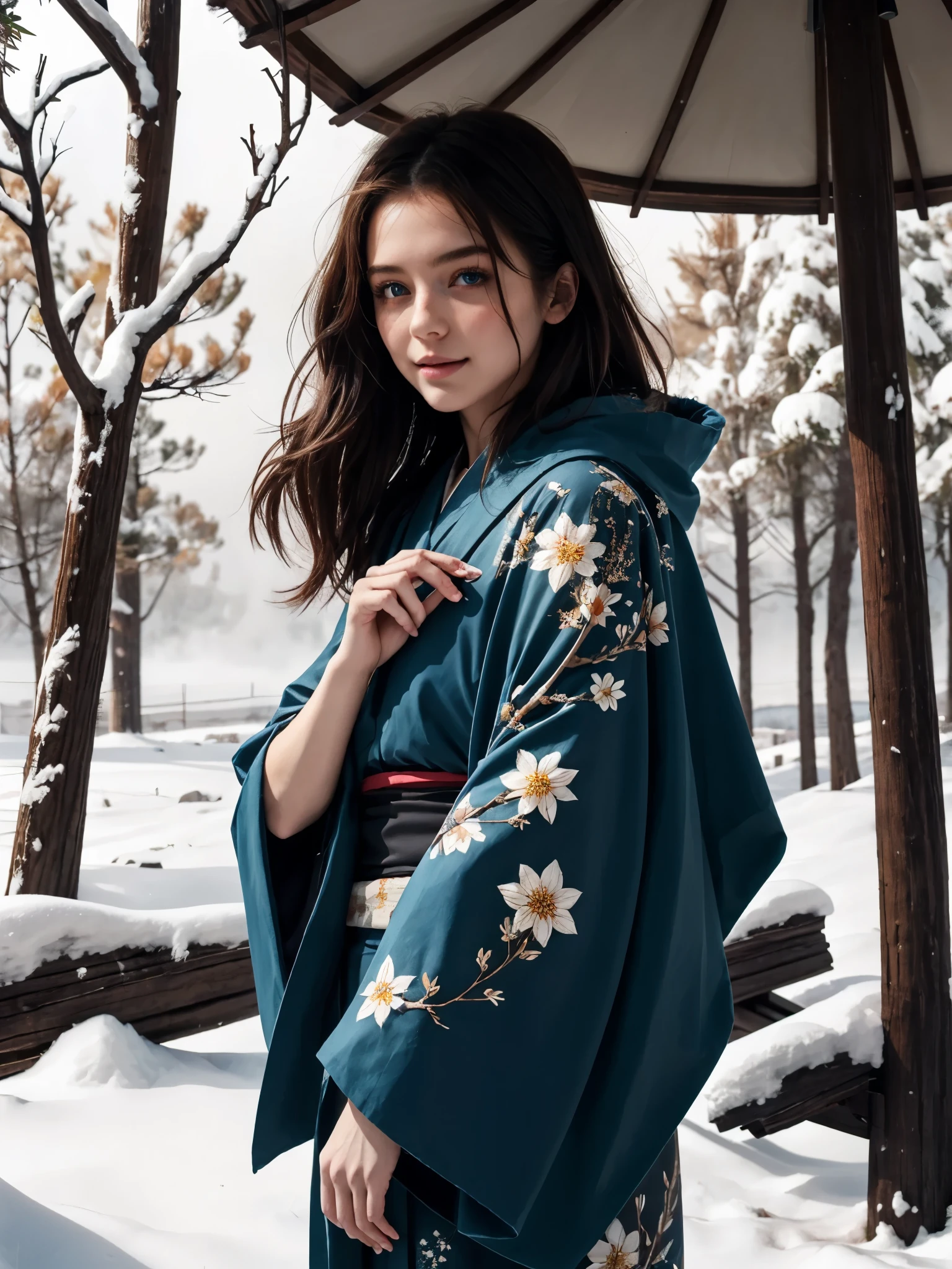 (best_quality, masterpiece:1.2), (highly detailed), (uhd, high_resolution, highres), girl, blue haori over black kimono, fur shawl, long hair, covered in snow, looking at viewer, flower-patterned obi, snowing, outdoors, dried trees, dried bushes, shelter, foggy,