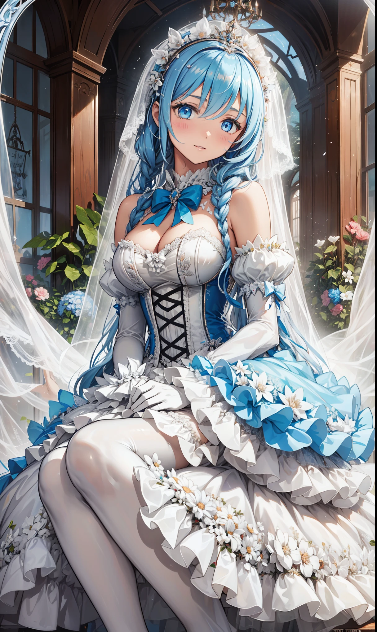 Saint ,Attractions, Have Fun , temptation,in love,( girl in white modern shirt 、Characteristics of a wedding dress、 dress and pantyhose :1.2),( white ruffle bow gloves ), Silver Hair , blue eyes ,Sacred headdress, transparent lace , Gorgeous Dress , alone,European bedroom,(night:1.1),Delicate and beautiful face ,ta,Flowers on clothes , colorful flowers,Flowers fall,Flower fly