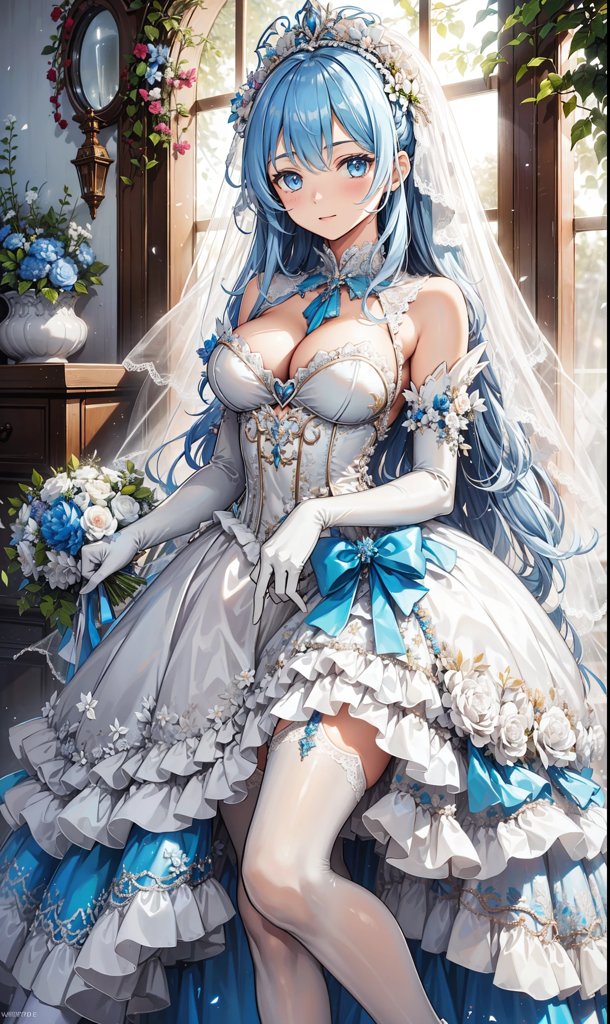 Saint ,Attractions, Have Fun , temptation,in love,( girl in white modern shirt 、Characteristics of a wedding dress、 dress and pantyhose :1.2),( white ruffle bow gloves ), Silver Hair , blue eyes ,Sacred headdress, transparent lace , Gorgeous Dress , alone,European bedroom,(night:1.1),Delicate and beautiful face ,ta,Flowers on clothes , colorful flowers,Flowers fall,Flower fly