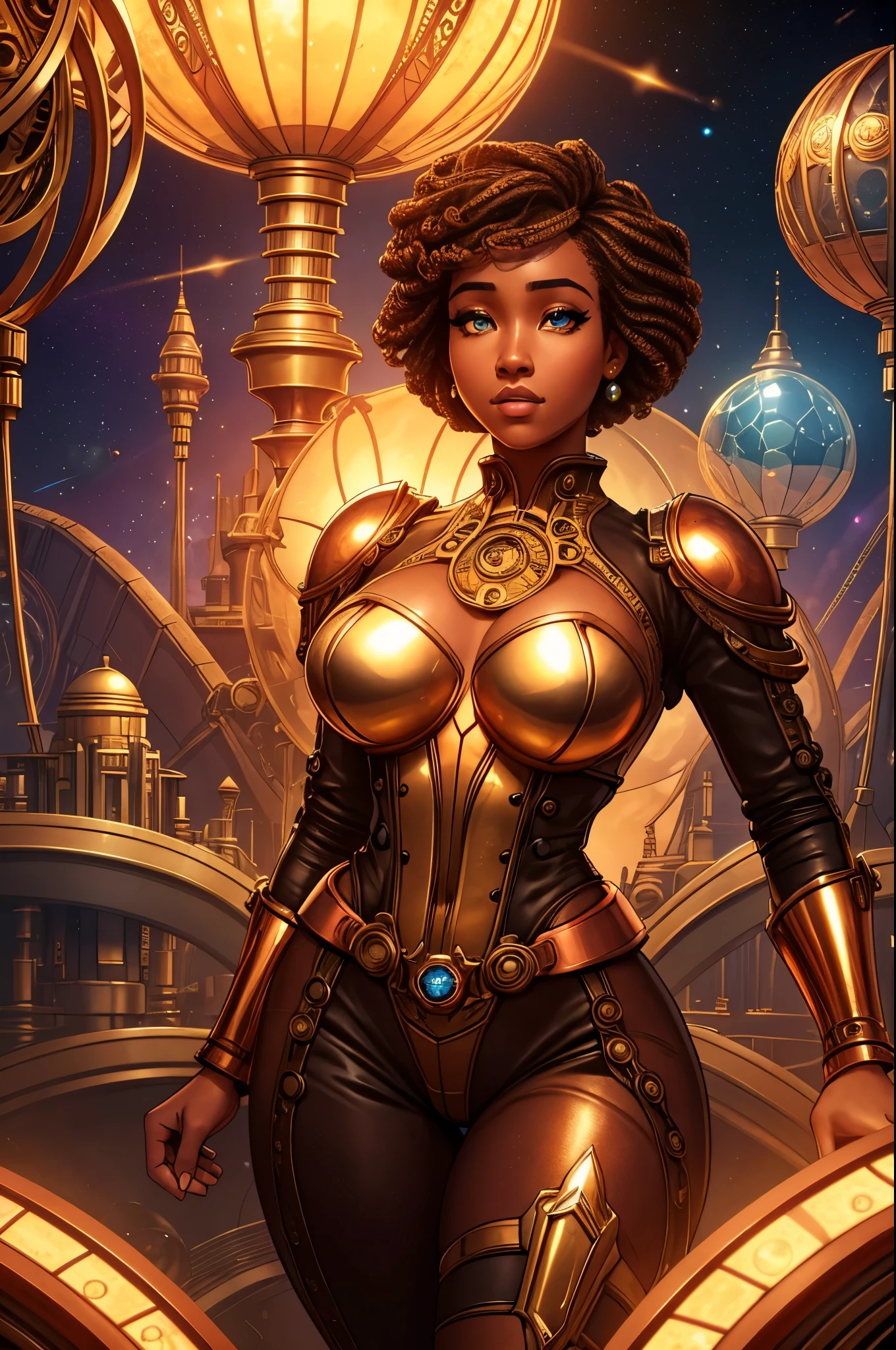 black woman, afrofuturism, sexly, slutty, dark skin, black skin, black hair, Steampunk, brass