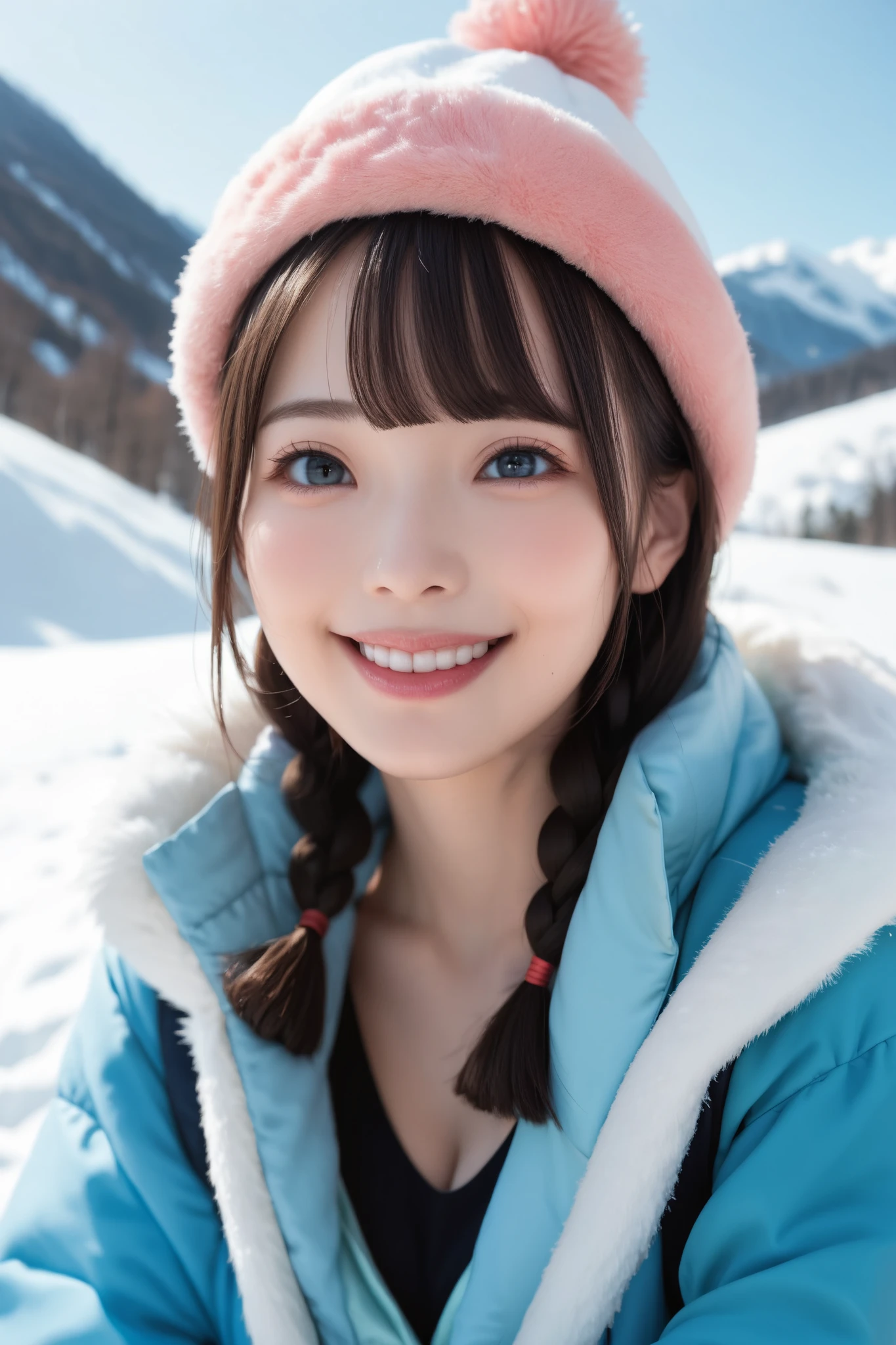 Details, best quality, high resolution, high definition, 20 year old Japanese woman, happy smiling face, detailed facial expression, detailed eye depiction, wide open eyes, cute double eyelids, thick lips, black hair, black pupils, woman wearing woolen hat and warm looking ski wear, ski wear open to reveal cleavage, snow covered mountains, sunny vast ski resort, braided hair with blunt bangs, looking at the viewer, whole body visible, angle from below,