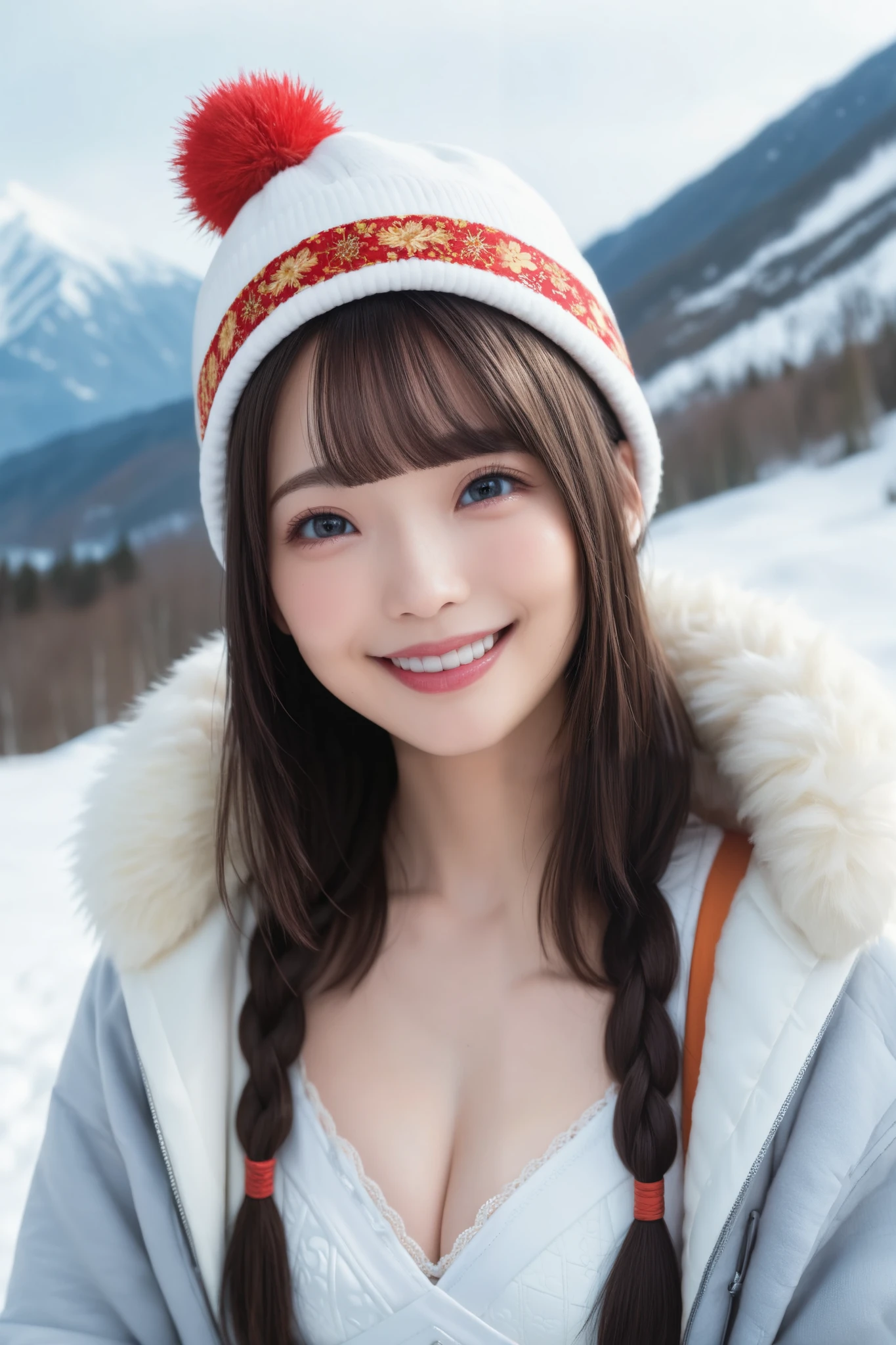 Details, best quality, high resolution, high definition, 20 year old Japanese female, happy smiling face, detailed facial expression, detailed eye depiction, wide open eyes, cute double eyelids, thick lips, black hair, black pupils, woman wearing woolen hat and warm looking ski wear, ski wear open to reveal cleavage, snow covered mountains, sunny vast ski resort, braided hair with blunt bangs, ((full body visible)), looking at the viewer,