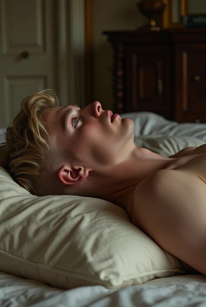Adult Draco Malfoy character wearing only white underwear lying on a bed in the Slytherin dormitory