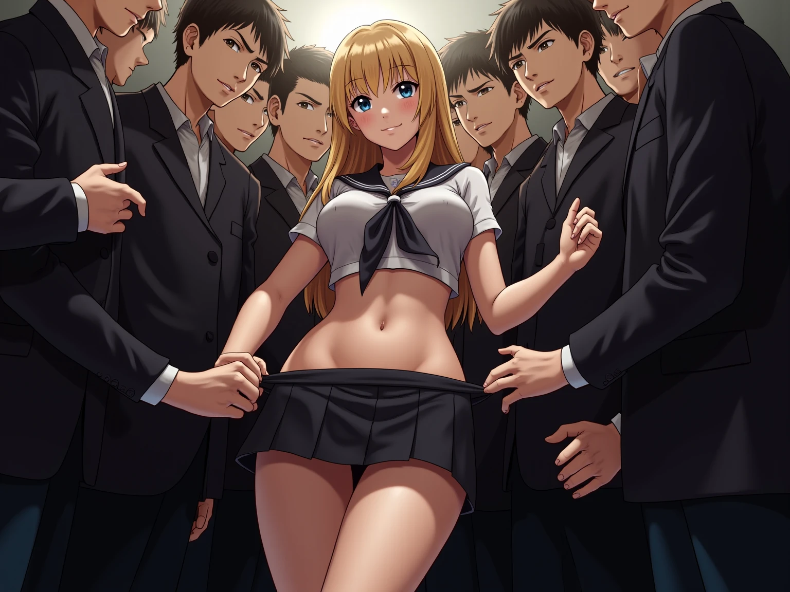 please illustrates a picture of a classroom full with only sexy, hard-on boys And only one blonde long hair brown eye sexy girl in a middl
