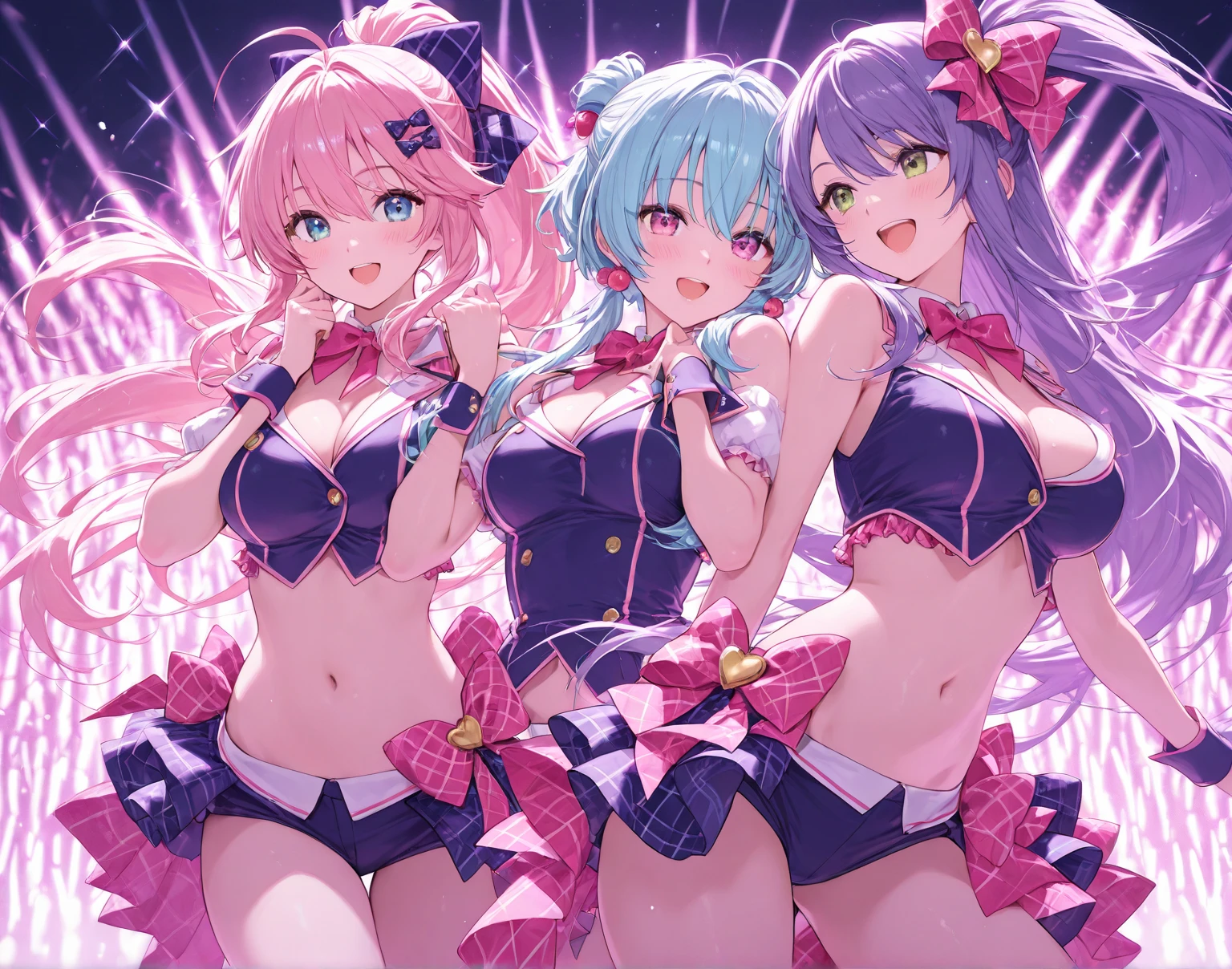 Anime, Perfect Human Hands, Dynamic Angle, Upper Body, One Girl, Smile, Wolf Ears, Wolf Tail, Pink Eyes, Hair Between Eyes, (((Wink)))), D Cup, Cleavage, Striped Hair, ((((Colorful Hair Color: 1)))), Variegated Hairstyles: 1, Twin Tails, Ultra-Detailed Gradient Hair, Idol Costumes, Professional Designers, Ruffled Dresses, Love Live, Jewels, Backstage, Best Stage, ??????, Professional Stage, (((Holding the microphone with your left hand and singing emotionally, overflowing emotions, best smile))), Singer, Vocalist: 1, Idol, Diva, Professional stage, Professional lighting, Live lighting, Distracting, Fan Service: 1, (Satellite photo seen from the audience)))), ((((Panchira, cute panties))))