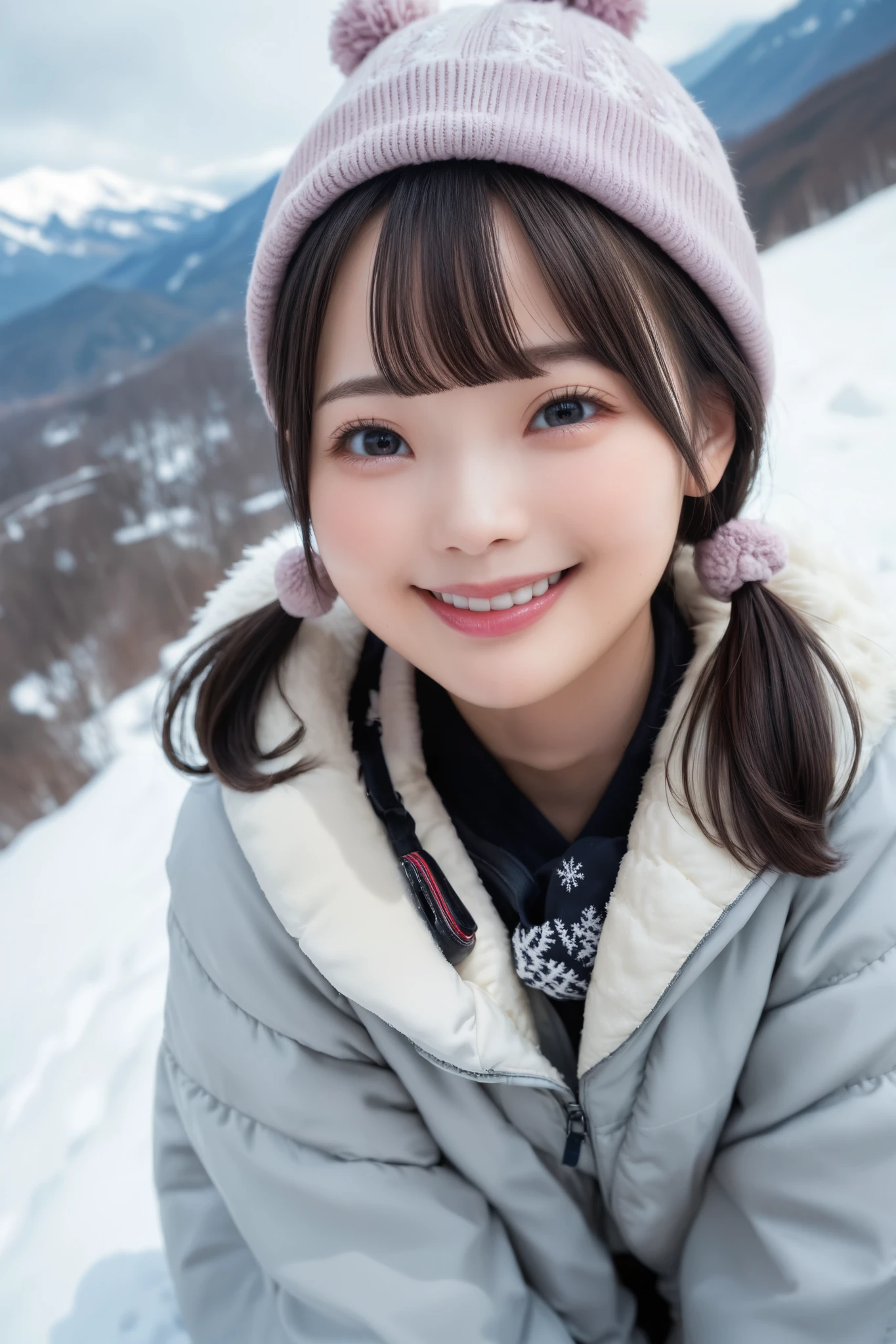 Details, Best Quality, High Resolution, High Definition, 20 year old Japanese female, Happy smiling face, Detailed facial expression, Detailed eye depiction, Wide open eyes, Cute double eyelids, Thick lips, Black hair, Black pupils, Woman wearing knitted hat and snowboarding wear, (((Full body shot))), Snowy mountain, Vast sunny ski resort, Blunt bangs in pigtails, (((Top angle))), Looking at the viewer,
