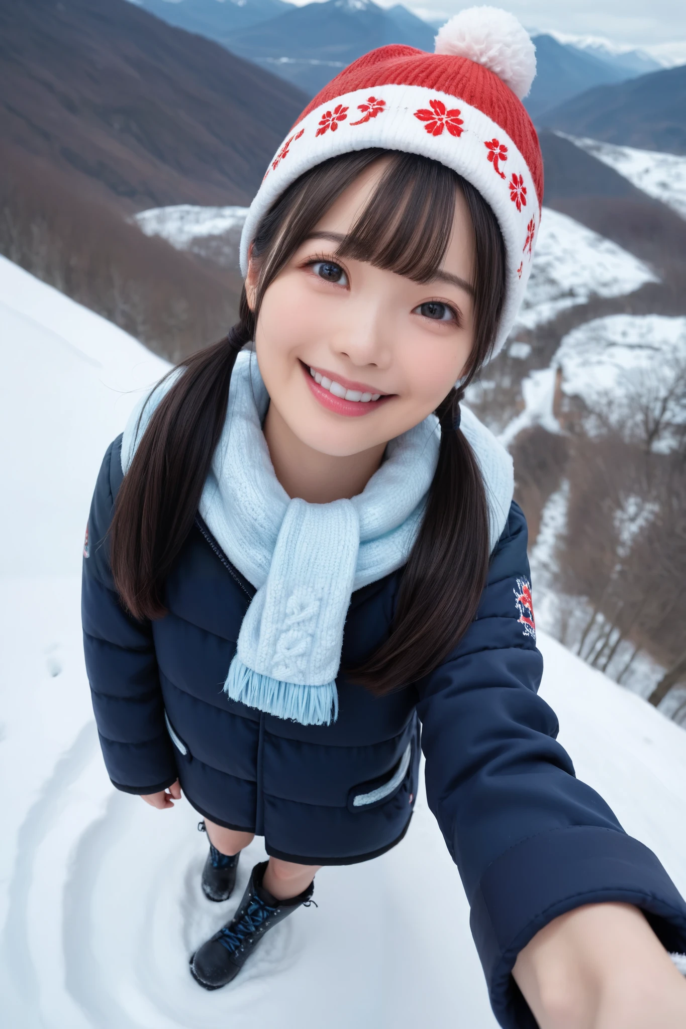 Details, Best Quality, High Resolution, High Definition, 20 year old Japanese female, Happy smiling face, Detailed facial expression, Detailed eye depiction, Wide open eyes, Cute double eyelids, Thick lips, Black hair, Black pupils, Woman wearing knitted hat and snowboarding wear, Snow boots, (((Full body shot))), Snowy mountain, Vast sunny ski resort, Blunt bangs in pigtails, (((Above angle))), Looking at the viewer,