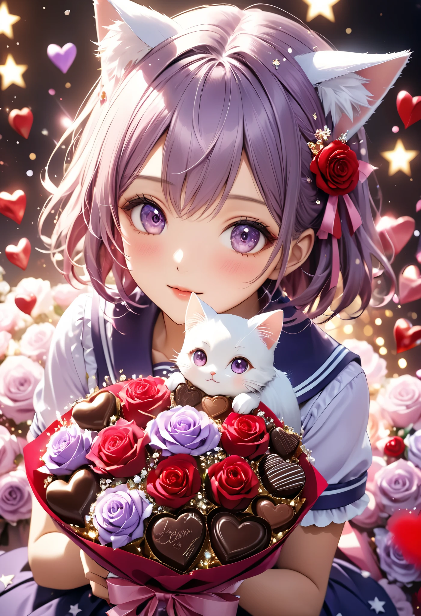 Dreamy anime-style illustration of a 20 year old beautiful woman. she has short bob purple hair 、 The hair color is a beautiful gradation from dark purple to pale lavender。 hair has a soft luster 、Expresses a natural sense of volume 。 a deep red or pink ribbon is displayed on the right side 。Her eyes are purple, shining like big round stars 。 and small white cat ear accessories are attached to her head 。gyaru-style makeup. purple high school girl in gorgeous and glitter sailor uniform,gorgeous and glitter many colorful heart, and exquisitely composed. Realistic images of a bouquet of crimson roses intertwined with various luxurious chocolates, Delicious chocolates are universally recognized as a symbol of love and affection . The details of each element are meticulously captured、 Awe-inspiring : Velvety petals that stimulate the senses , Delicious chocolates arranged with artistic precision . This high-quality photograph captures the essence of romance and luxury , Evoke feelings of warmth and desire in the viewer , big love , Love in chocolate , love doll, Written pieces of paper "💕 Valentine's Day "