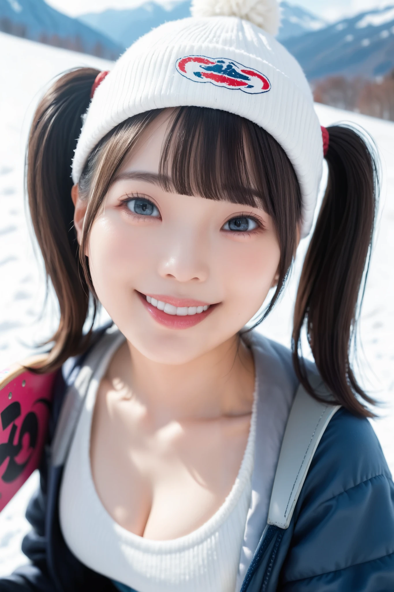 Very detailed, detailed, best quality, super high resolution, highest resolution, 20 year old Japanese female, happy smiling face, detailed facial expression, detailed eye depiction, wide open eyes, cute double eyelids, thick lips, black hair, black pupils, woman wearing knitted hat and snowboard wear, wearing snow boots and holding snowboard vertically in left hand, woman's snowboard wear is slightly open to reveal cleavage, snowy mountain, vast sunny ski resort, pigtails and blunt bangs, looking at viewer, angle from above,