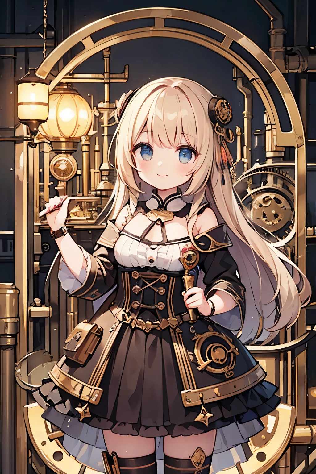 ( top quality:1.2)。steampunk。 one woman。平たい胸。 steampunk engineers 。 watch the viewer。 smile。The background is a texture composed of pipes 、valve、gear、Glass tube、crank、 instruments。