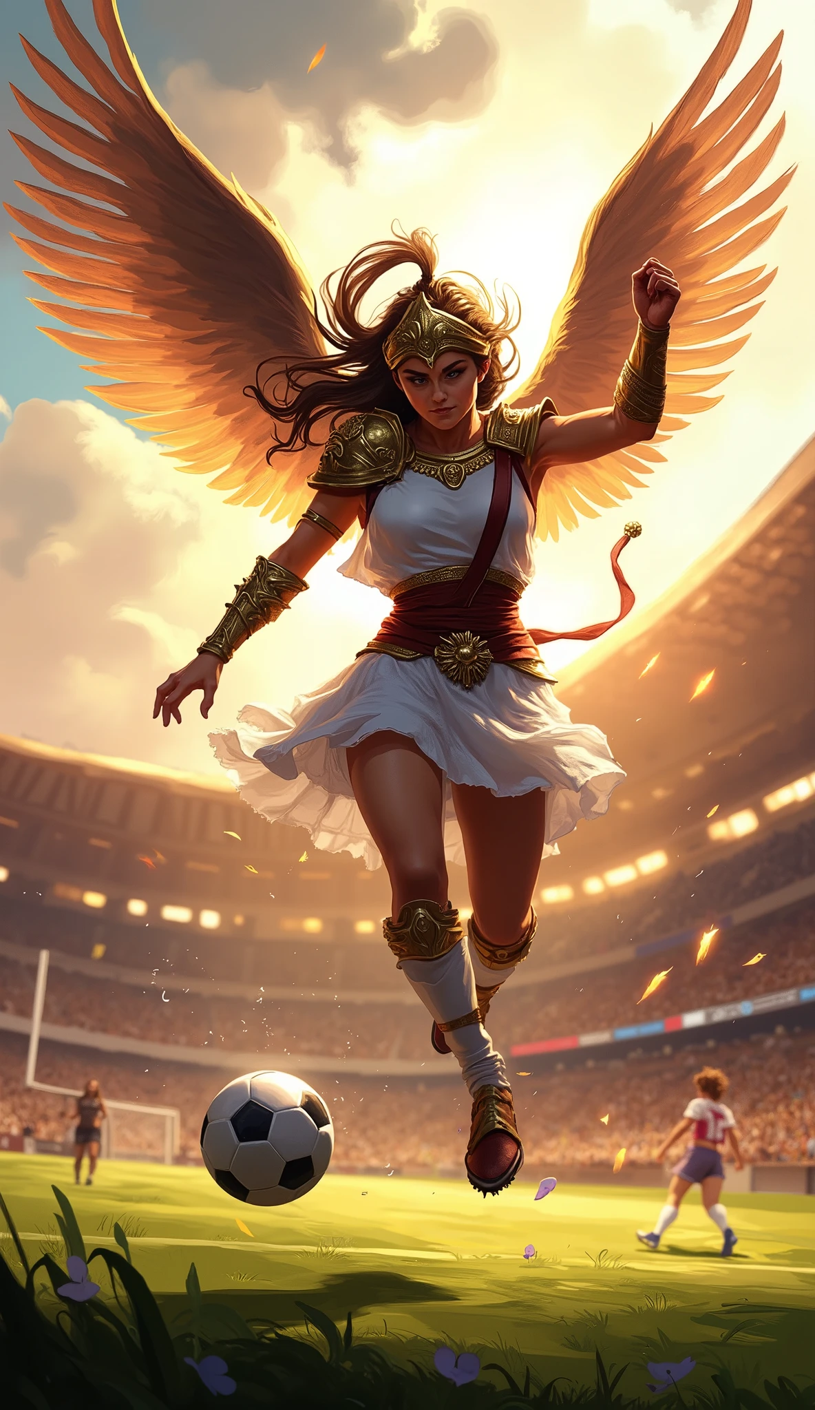 greek goddess, (warrior), big wings, playing soccer, football ball, football field, she is scoring a goal, jumping in the air with wings open, 4K, high details, (digital painting), ((oil painting:2.2)), energy sparks, energetic, dynamic pose, masterpiece, feathers in her hair, particles, (she is wearing warrior outfit covered with golden ornaments), [white dress 1.4], she is wearing gold helmet, high quality , high contrast, strong light, sunset