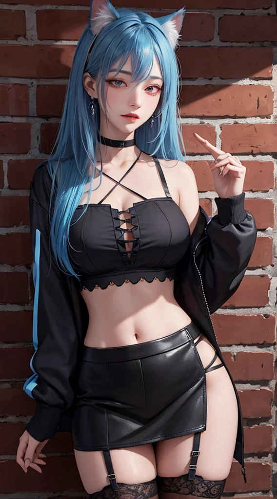 goth, excited, pale skin, smoky eyes, vivid colors, wild hairstyle, yellow and blue ombre hair, green lips, hotel balcony at night, leaning over balcony, leaning, body view, huge breasts, womb tattoo, heart tattoo, ripped clothing, skull tshirt