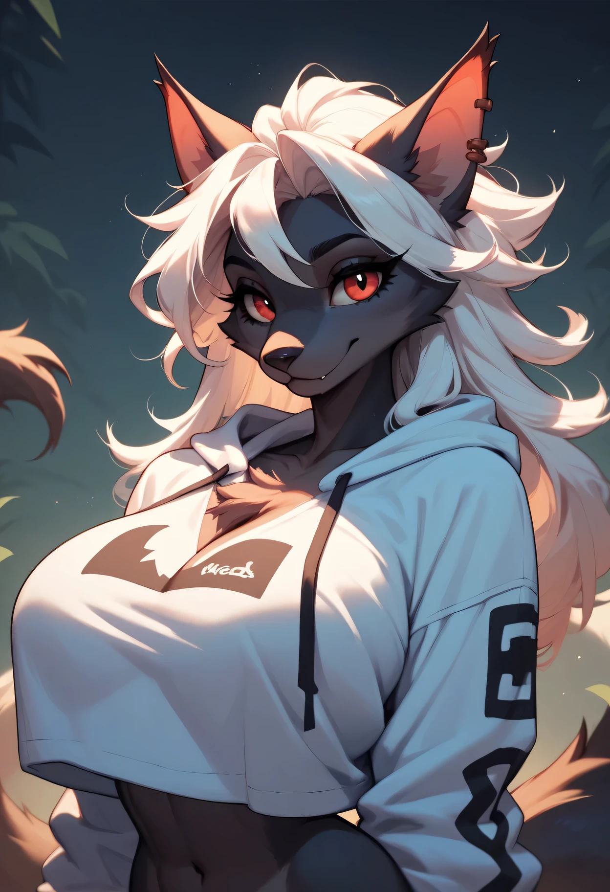 Furry lona hell boss big breasts long white hair Cute appearance, big breasts loose cropped sweatshirt(white, black stripe, slightly covers the chest), background: night beach. sexy pose