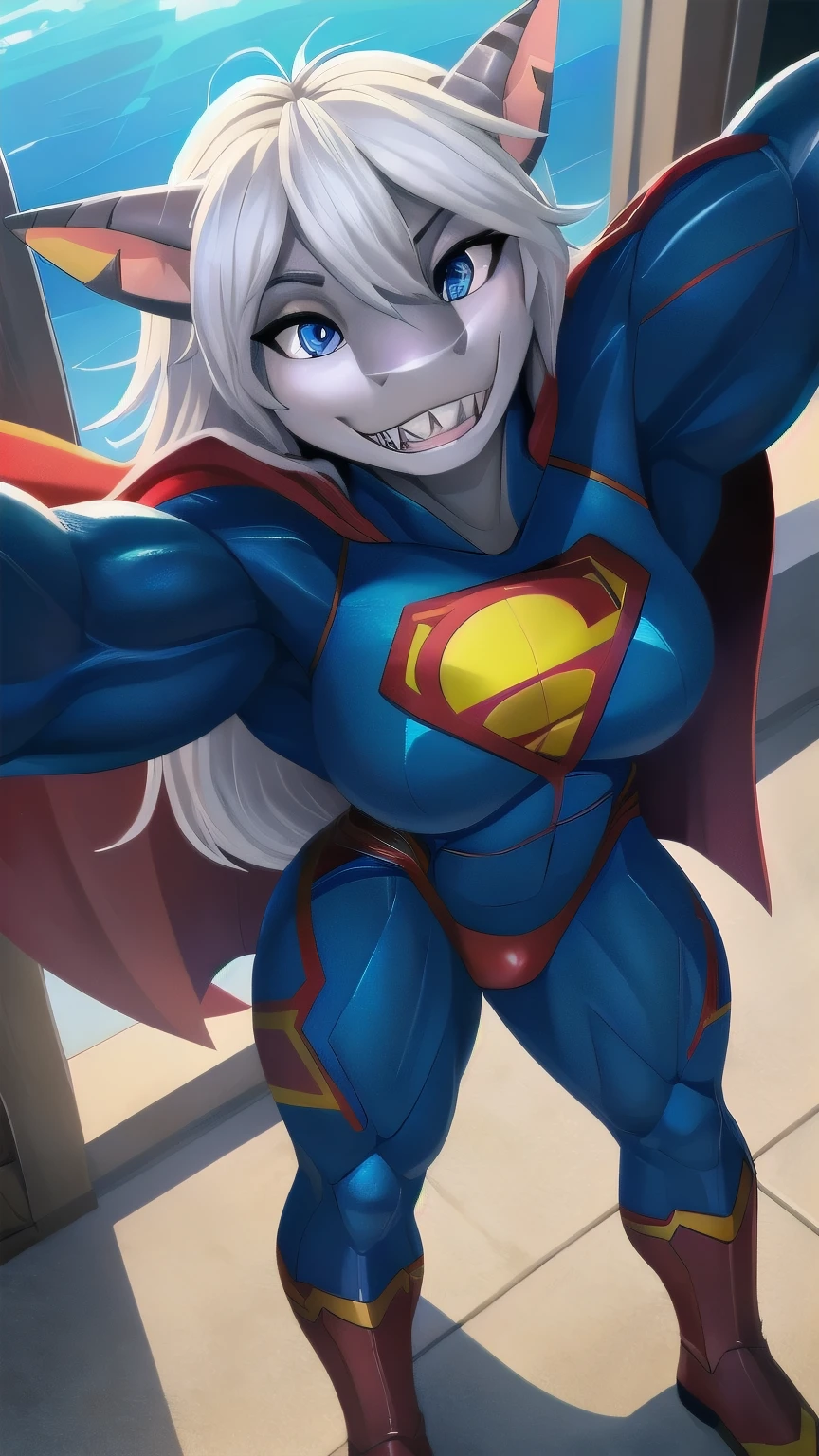 High resolution, masterpiece, high resolution texture, beautiful light, correct anatomy, (masterpiece, 4k resolution), solo, anthro, (cute:1.2), (shark: 1.1), (grey skin: 1.2), white jaw, white midlong hair, ((mauve eyes)), (detailed blue eyes), (refined and detailed eyes), (masterwork high resolution), shark tail, correct shark tail, breasts, clothed, curvy figure:0.8, female, athletic, strong, mighty, (hyper muscular: 1.3), grinnin, shark teeth, high quality, masterpiece, snout, shark snout, tomboy, by ckewddrip, posing for viewer, flexes bicep, (detailed shark tail:1.2), sensual, slightly suggestive, (wearing very detailed superman suit: 1.3), fullbody suit, red long cape, red boots, red trunks, stands in front of viewer, bicep bulged, makes a selfie, selfie view, anim style