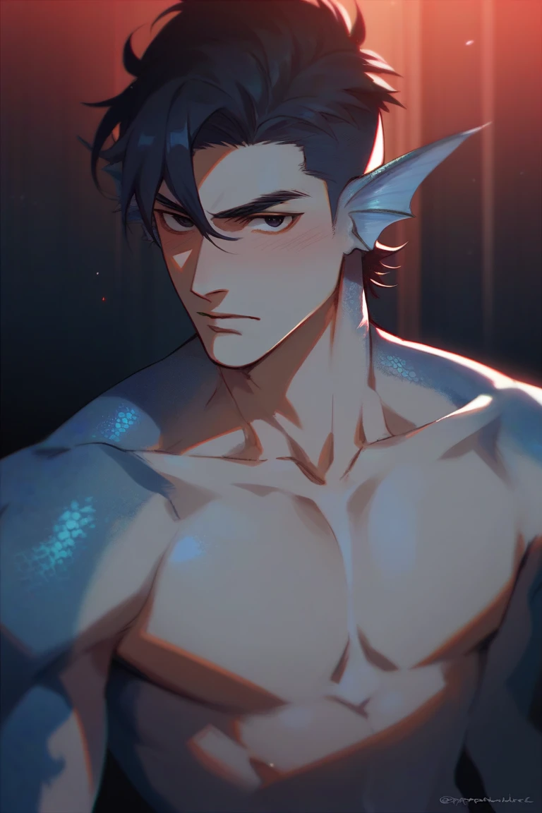 The boy was small, black hair, yellow eyes, completely naked. Revealing male genitals, el ears, sexy figure, white skin, straight face, straight body, prisoner background.