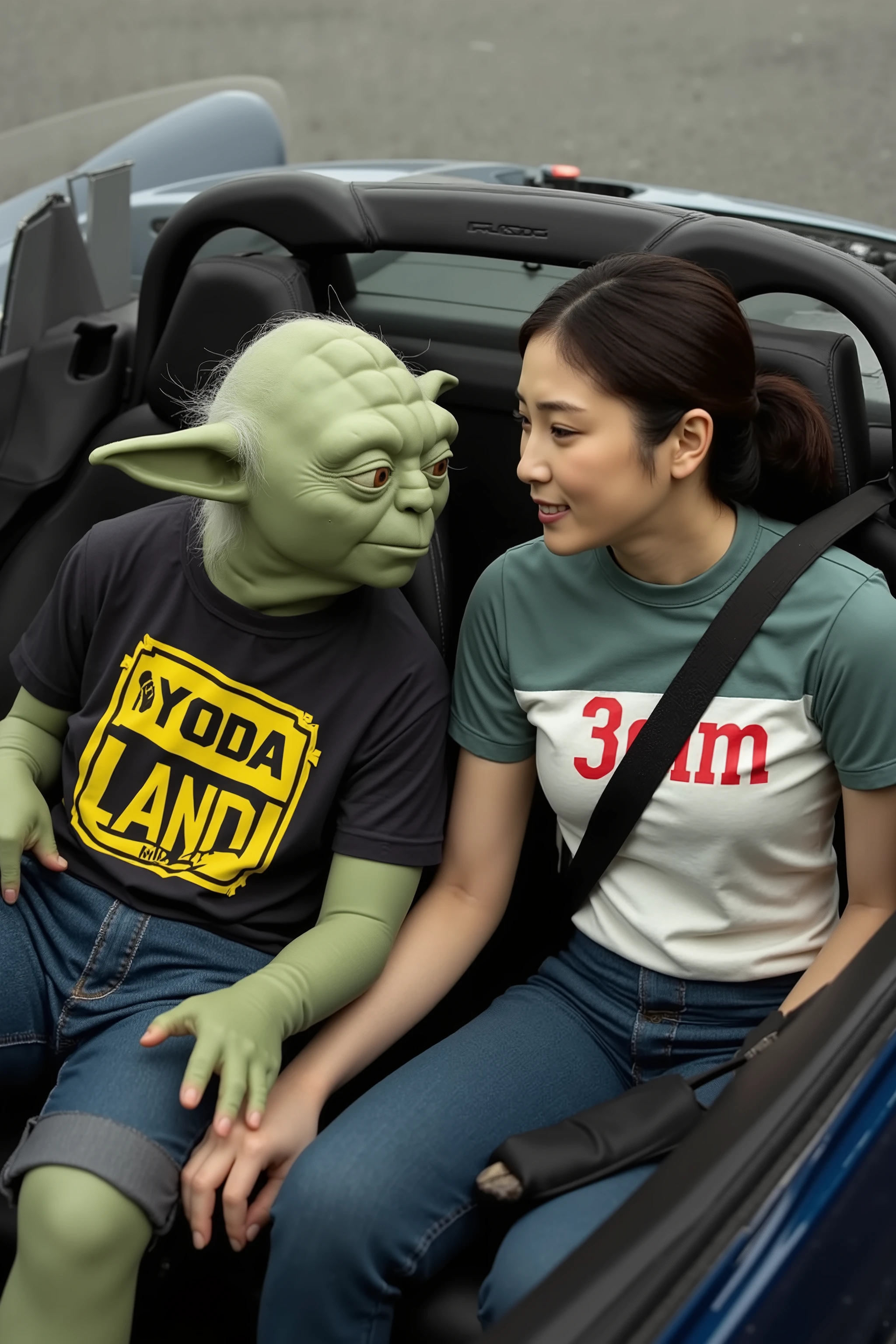 High resolution photograph. the first is Jedi-Master Yoda from “Star Wars saga" wearing t-shirt printed "Yoda Land". the second is a Japanese woman named yoda_yuuki in t-shirt printed "3cm".
They are sitting side by side in the seats of a Mazda Miata, gazing at each other. detailed face, perfect anatomy, perfect hand.