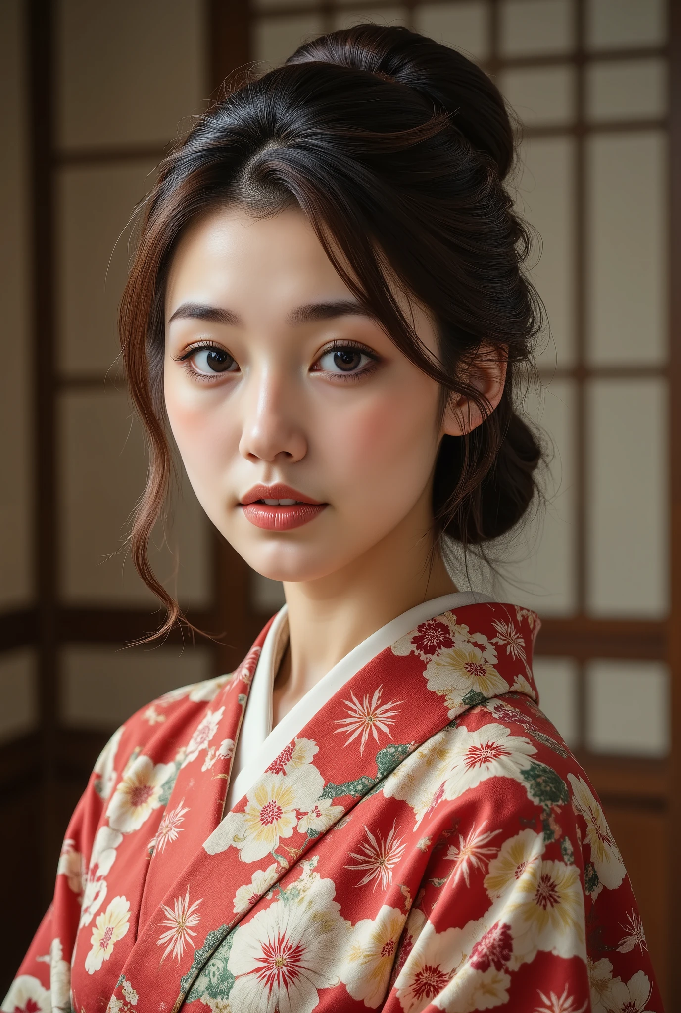 top quality, Masterpiece, super high resolution during recording, (Japanese kimono with cherry blossom pattern:1.3), symmetrical , Compositions with coloful geometric arabesque patterns, ( bun hair, dark brown hair ), ( top quality, photorealistic:1.4, Masterpiece:1.3, unprocessed photo:1.2, cinematic light ), (1 Female:1.3, Alone), ( asian girl , Super delicate face, Super beautiful poop, Super delicate eyes, super detailed nose, Ultra detailed mouth, Ultra Precise Facial Features ), petite woman , ( medium breasts:1.3), From the front, skin, lip gloss, smile, in an old-fashioned room, night :1.2,