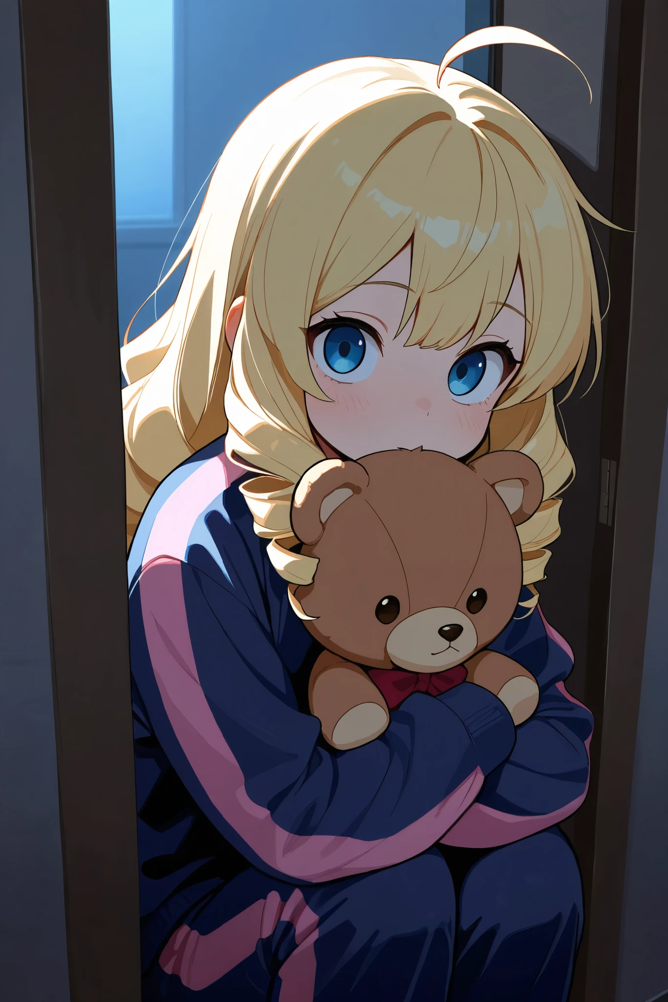 ( score_9, score_8_up, score_7_up ), ultra-detailed, detailed face,
Solo, a girl, blonde, long hair, drill hair, ahoge, blue eyes, slant eyes, narrow eyes, wearing maroon long sleeves sportswear and long pants sportswear,
hugging own legs, holding a Canned beer, Hiding in the closet, Teddy bear, inside the closet, dim background,
cute, anime, illustration, masterpiece, best quality, detailed, mystical atmosphere, pastel academia, soft-edged, soft surface, backlighting, dark, cold lighting, moonlight, sharp shadows, fast shutter speed, 2D Anime, Best Hands, Best Hand, 135mm, F4.0, SONY FE GM, upper body, best hand