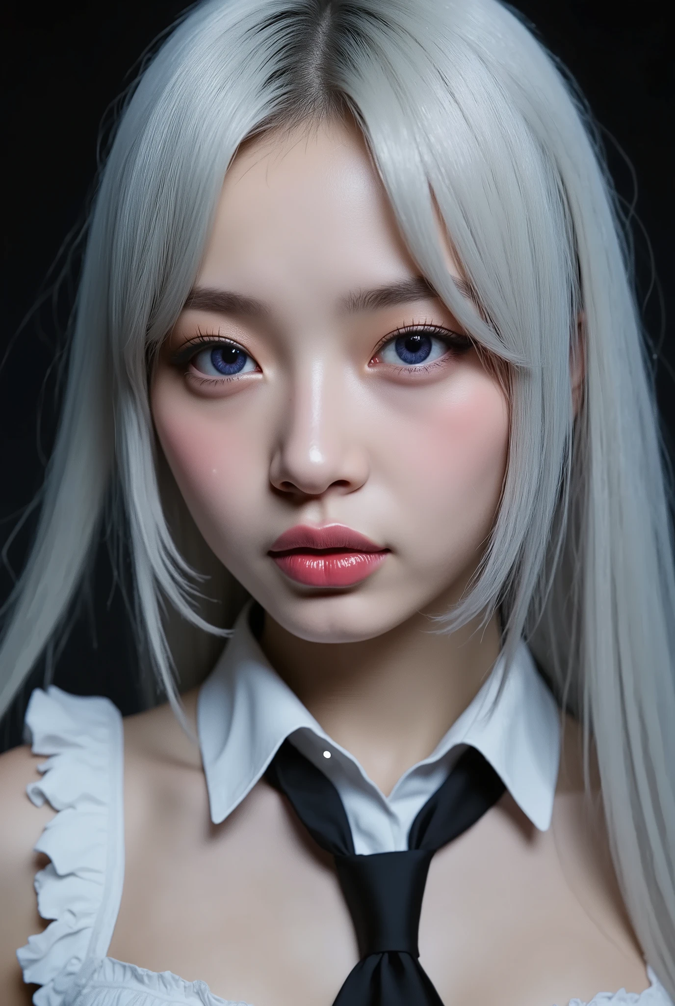 masterpiece, 最 high quality ,16k,8k, beautiful, high quality , ultra high resolution, 超 high quality , beautiful face, Japanese , nsfw,Woman in the center of the image, photorealistic , hyperrealism , Young Beauty ,( black and white gothic maid outfit, long skirt, Corsets , black tights, black boots),( Silver Hair, Shoulder-length hair in images , purple eyes, half-open{{x}}Eyes , unusual suspicious feelings:1.3,Black Lips:1.5, BIG BREAST, Shiny Skin, Perfect Female Proportions , ideal body proportions, attractive proportions , Tight Woman , Curved Beauty, HD Skin , A Girl with a Very Beautiful Detailed Face ), Full body portrait ,background:city, bright, holding the hem of the skirt with both hands ,Polite Pose , Dramatic Lighting,( Masterpiece, top quality, very detailed depiction of 1 animal , unbelievably ridiculous high res ),